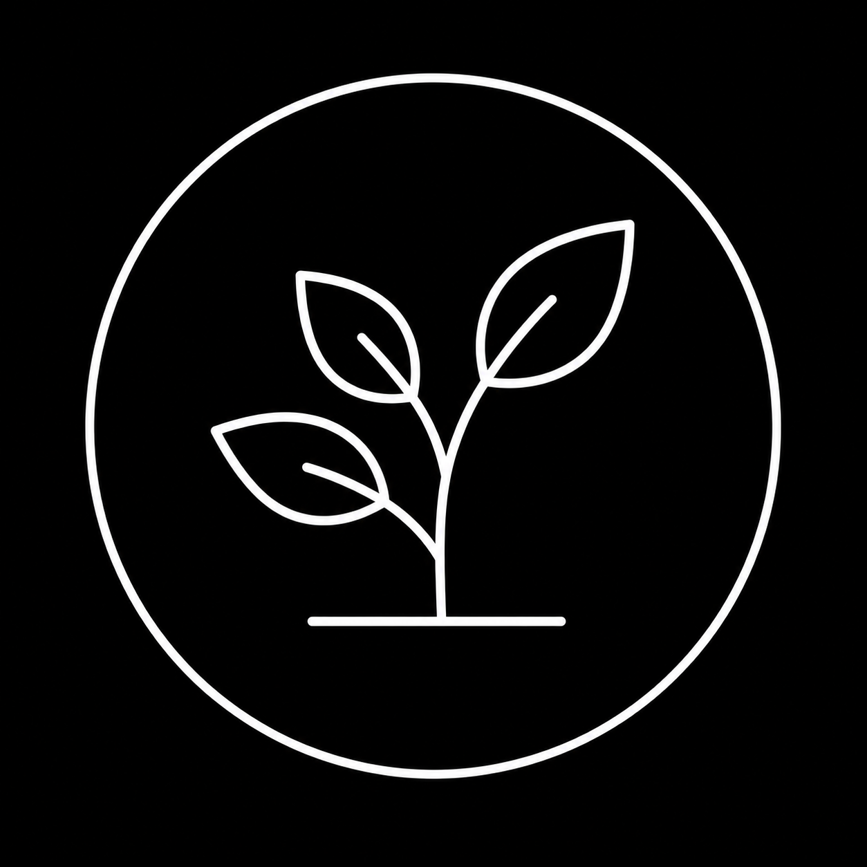 Neon outline of a plant with three leaves inside a circle on a black background.