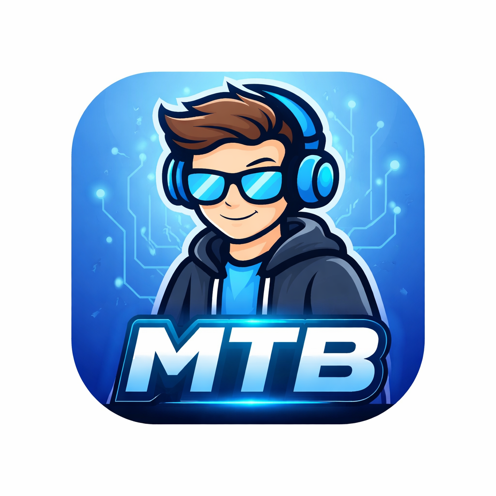 A cartoon avatar of a young man wearing large headphones and sunglasses, smiling, with a blue tech background and the text 'MTB' at the bottom.