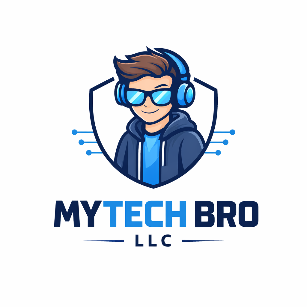 A cartoon illustration of a young man with brown hair, wearing blue sunglasses, headphones, and a dark hoodie, smiling. The character is inside a shield-shaped outline with blue dots on each side. Below the illustration are the words "MY TECH BRO LLC" in blue and black text.