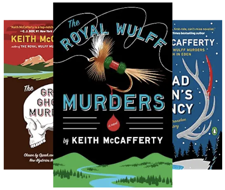 Book cover of 'The Royal Wulff Murders' by Keith McCafferty, featuring a fishing lure resembling a dandelion puff over a landscape with hills, trees, and a river, set against a black background.