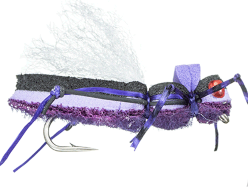 A miniature dragonfly made from craft materials including sponge, ribbon, and a fishing hook, with purple, black, and red colors.