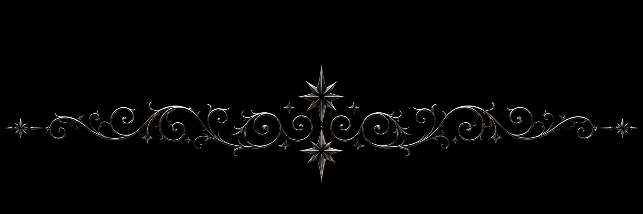 Elegant silver ornamental design with swirling patterns and star-shaped accents on a black background.