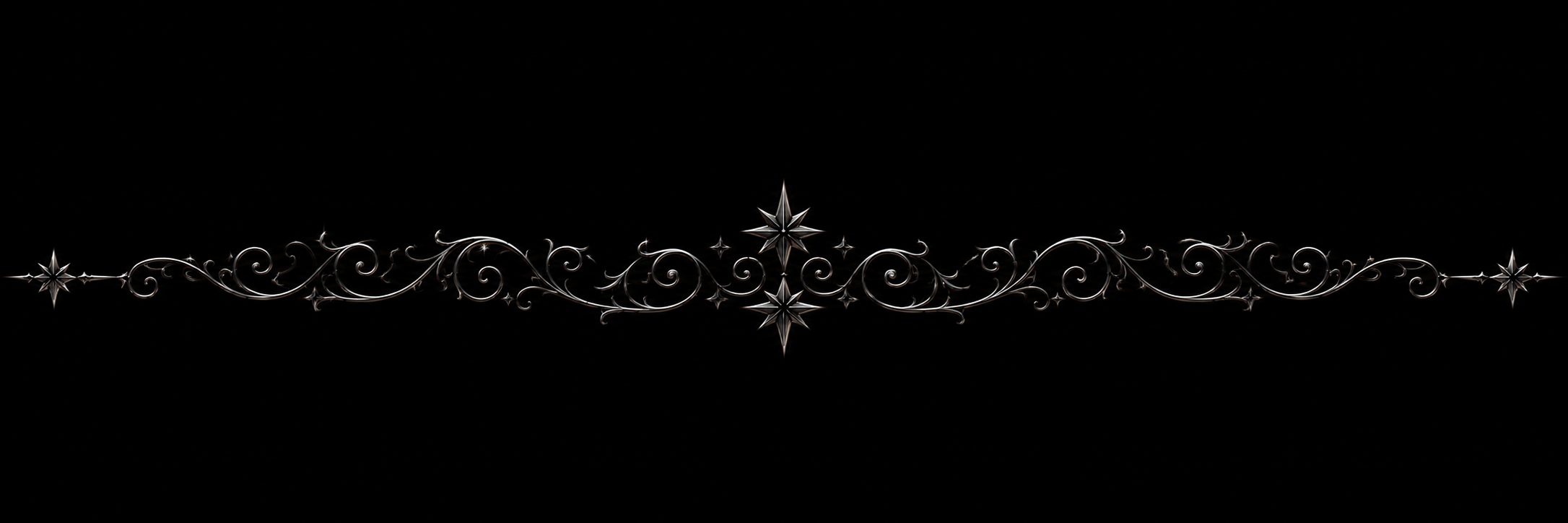 Silver ornate decorative horizontal embellishment with star patterns on a black background.