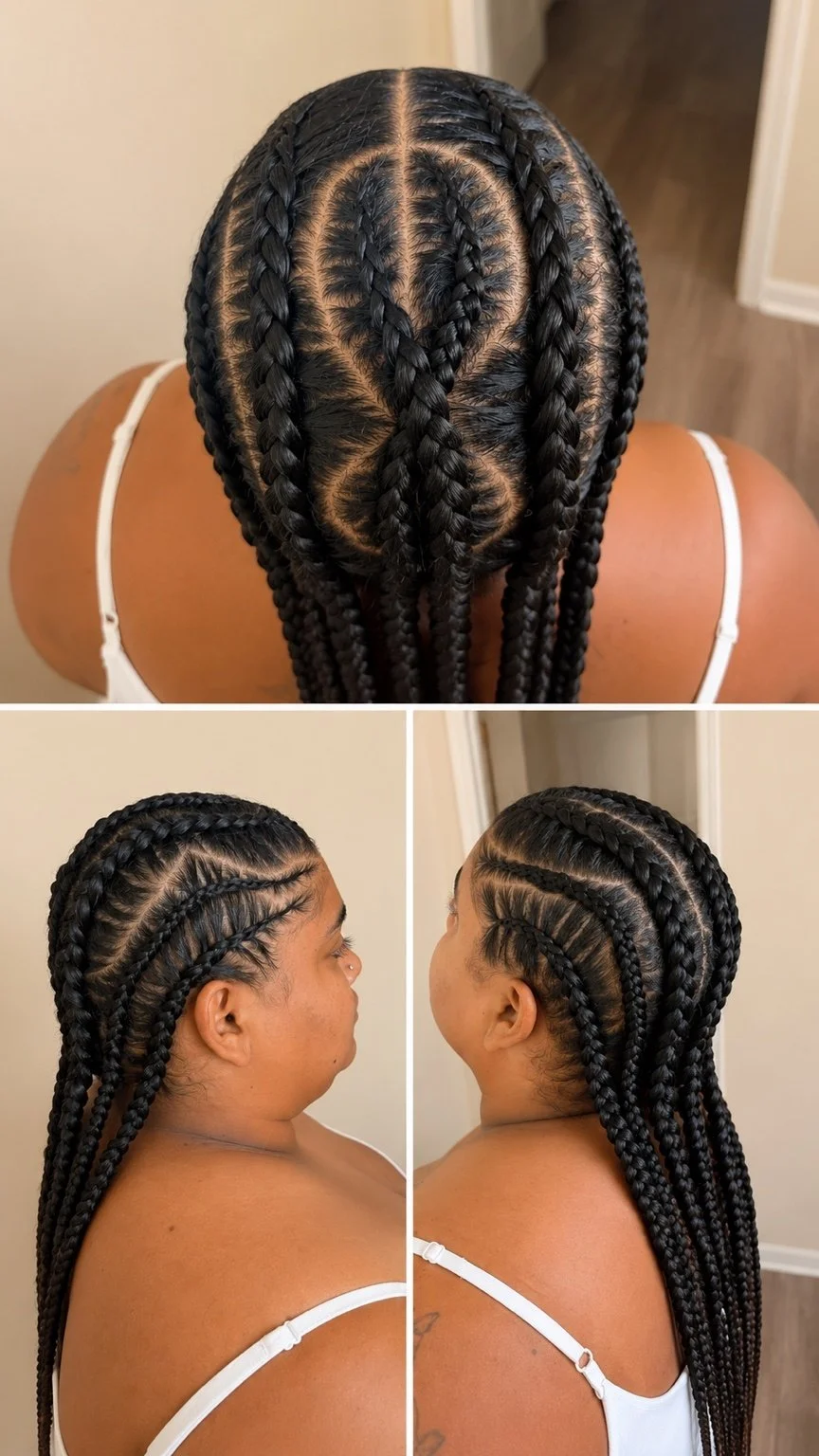 Top view and side views of a woman with freshly braided and styled cornrows.