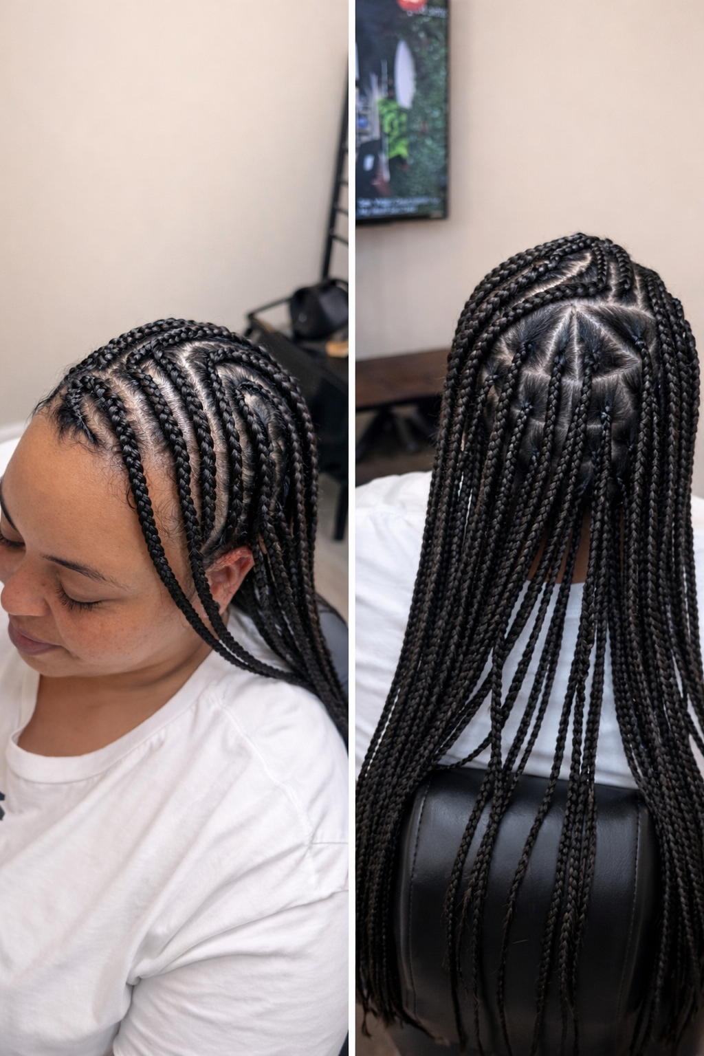 Woman with freshly done small box braids hairstyle, viewed from the front and the back in a salon setting.
