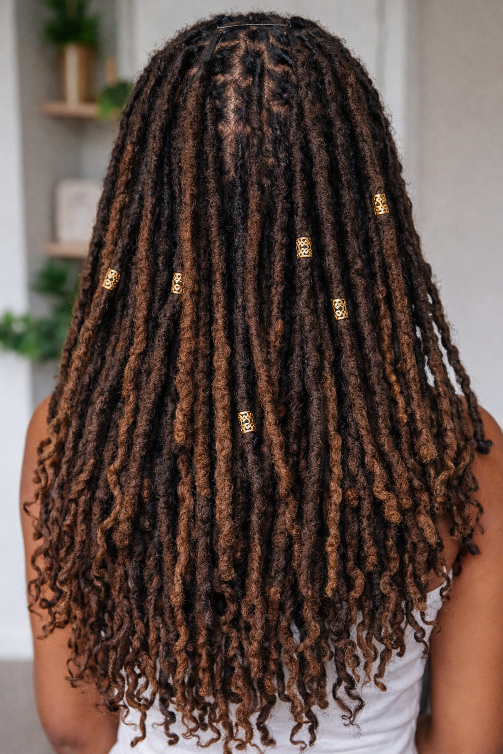 Back of a woman with long, thick, curly dreadlocks with gold hair cuff accessories.