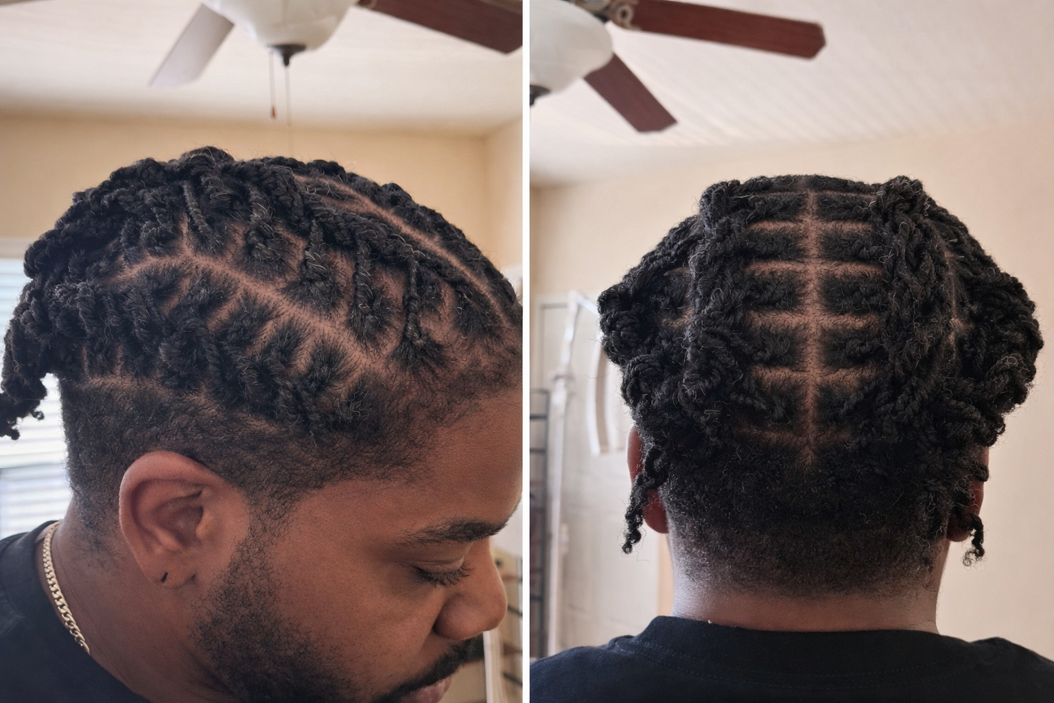 Side and back views of a person with freshly styled twisted braids, showing the pattern and details of the hairstyle.