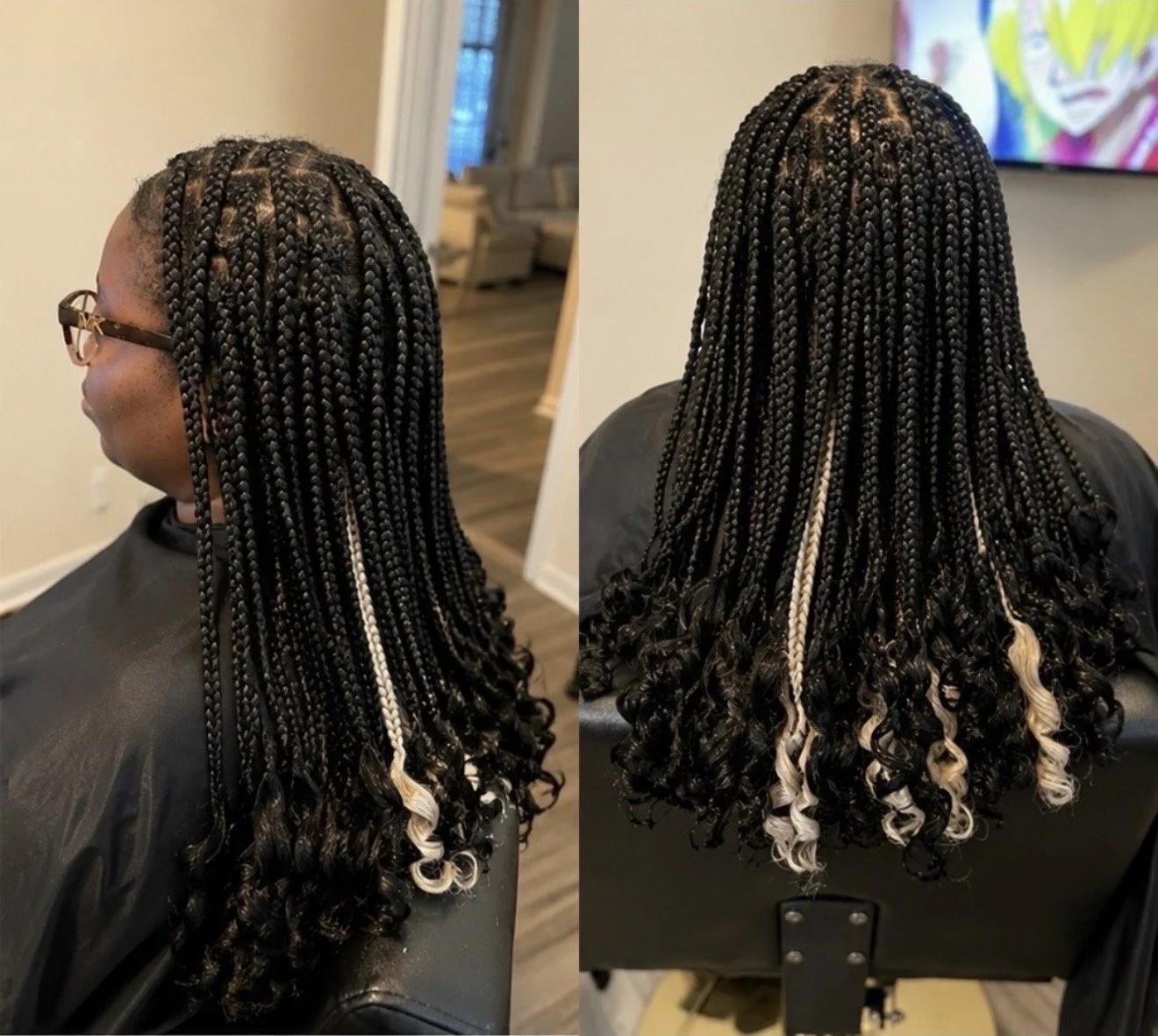 Side and back views of a woman with long black braided hair with blonde and black curly ends, sitting in a hair salon.