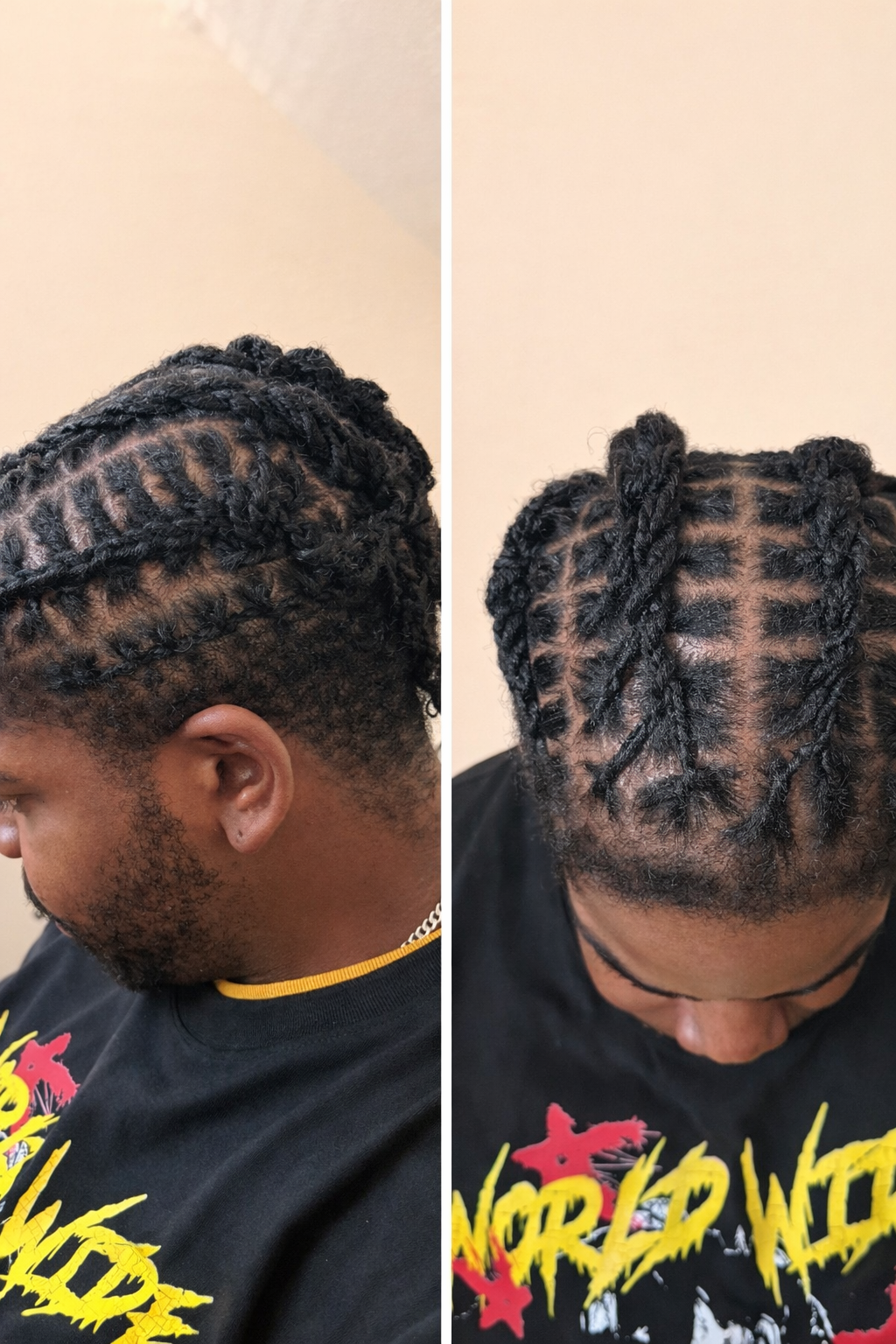 Side and top view of a man with freshly styled, intricately designed cornrow and twist hairstyle.