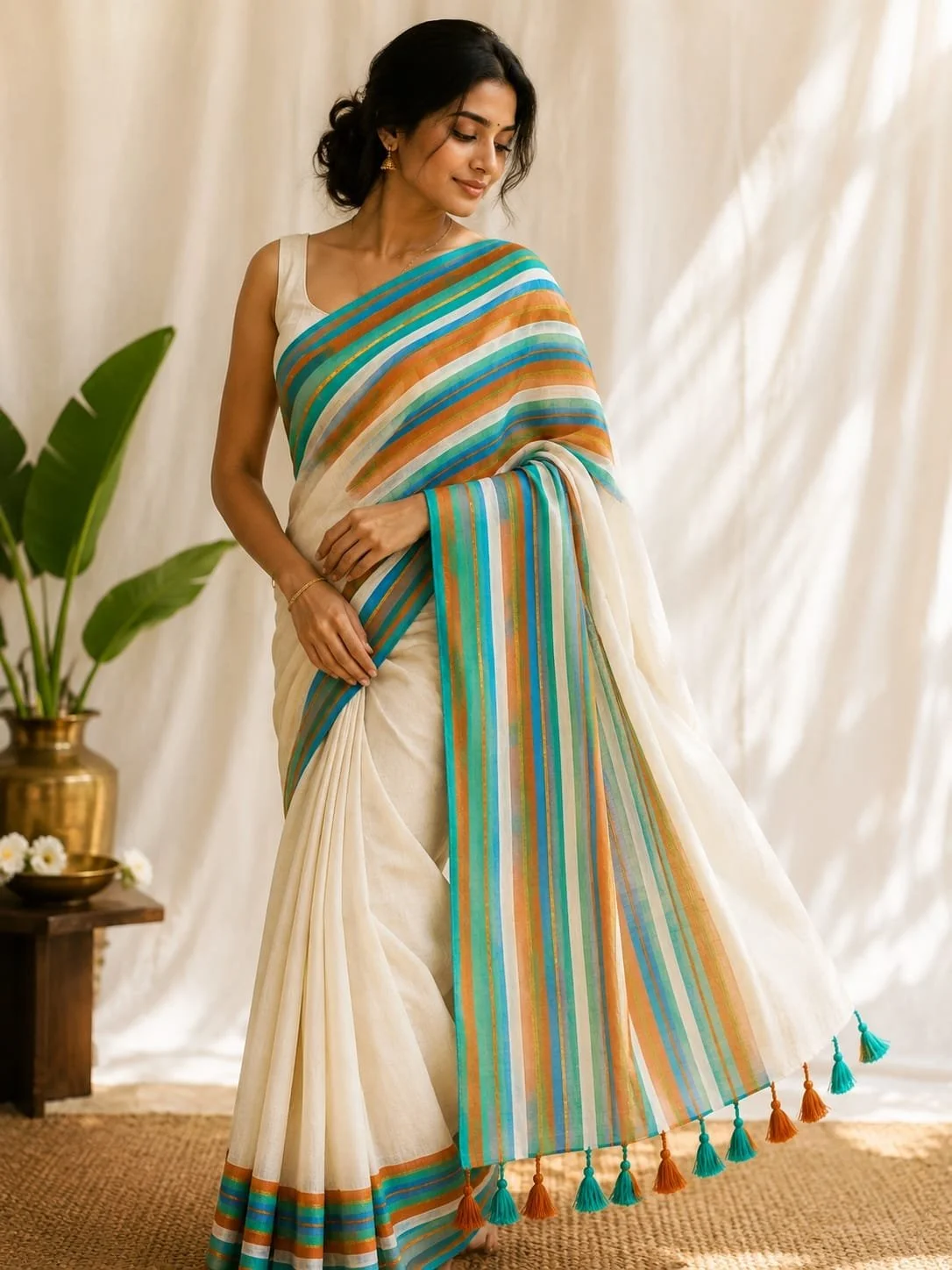 Onam special Multi Color Mul Cotton saree