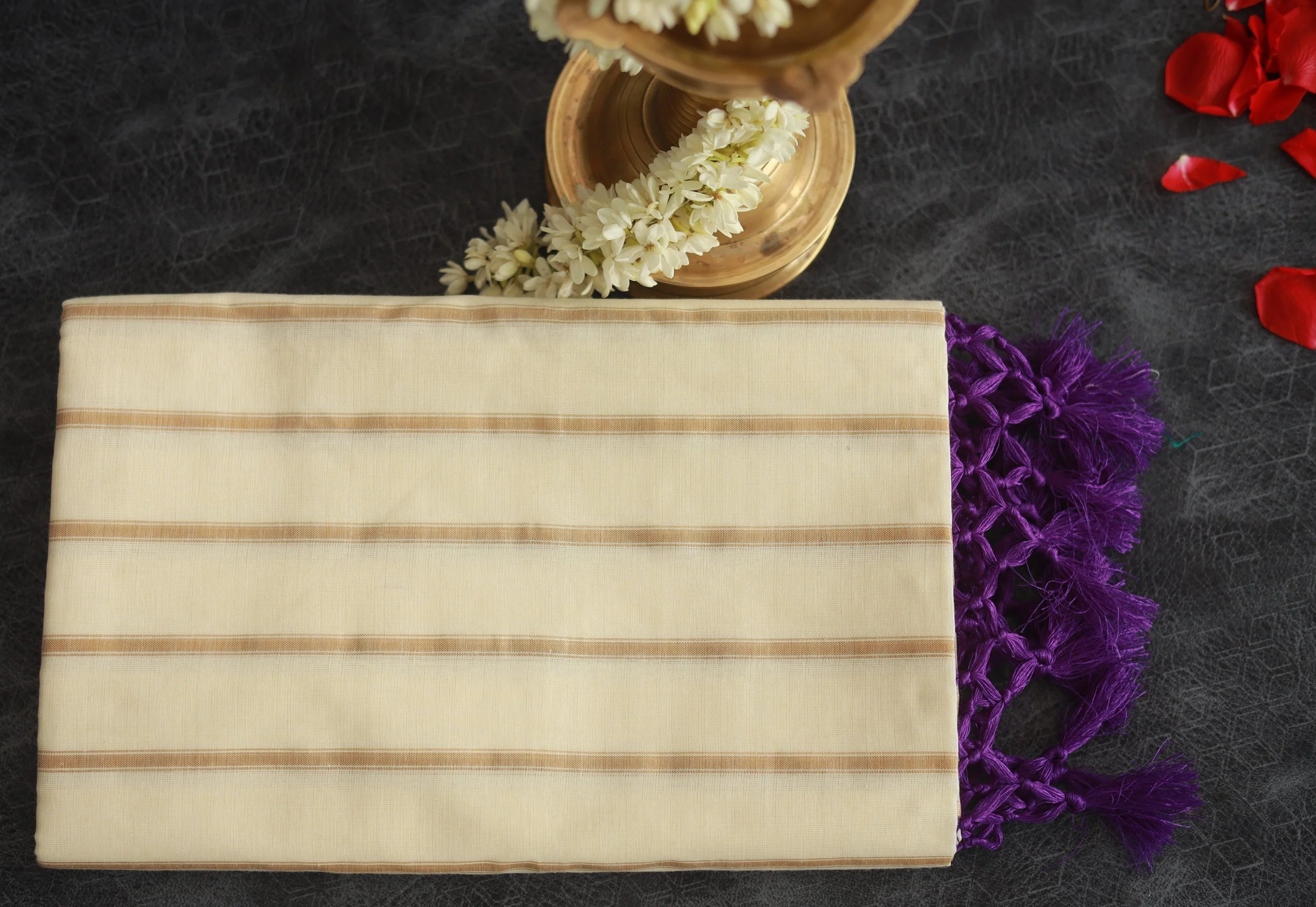 Elegant Mul Cotton Saree with Purple Tassels