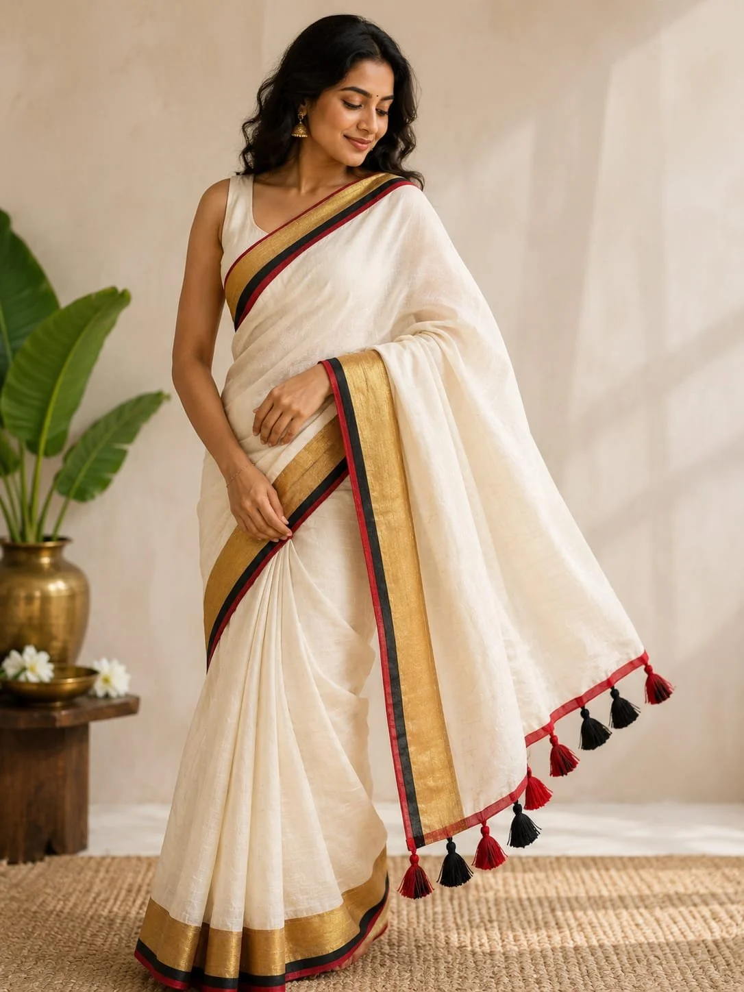 Mul cotton saree with Black Red and Golden Border