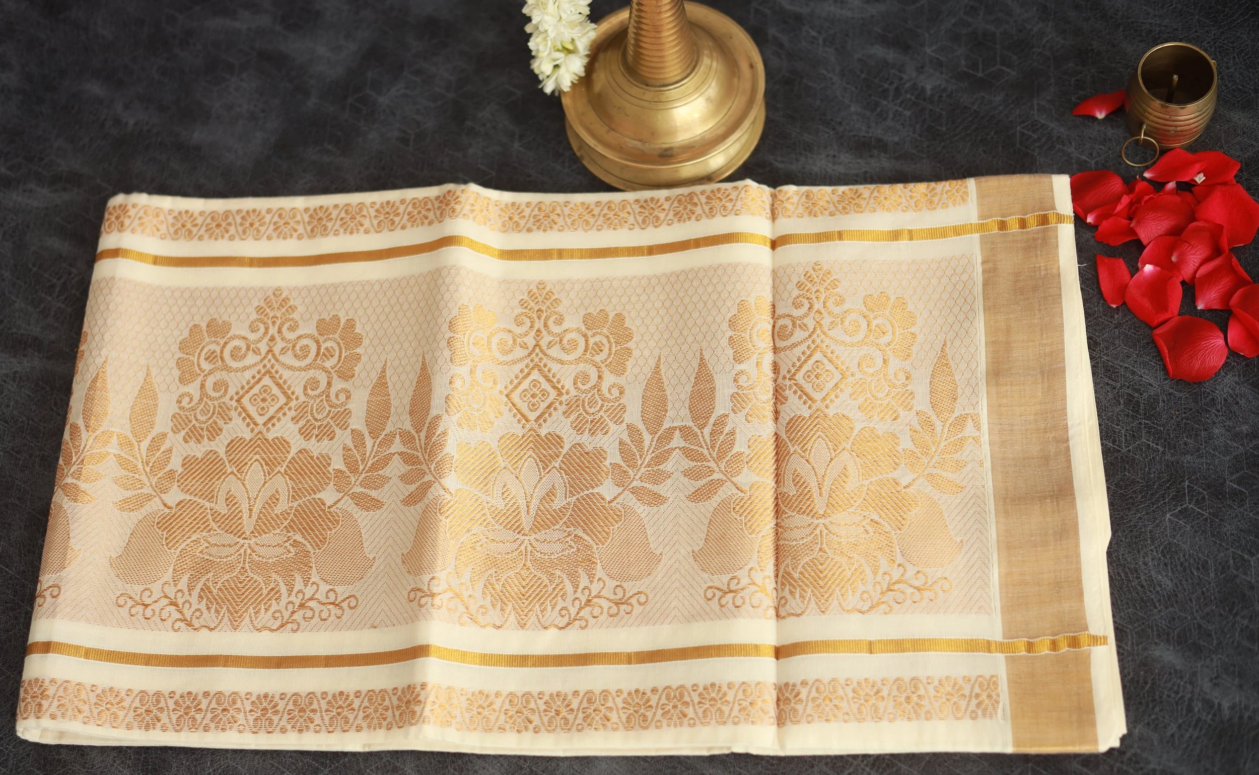 Elegant Cotton Tissue Saree with Golden Floral Design