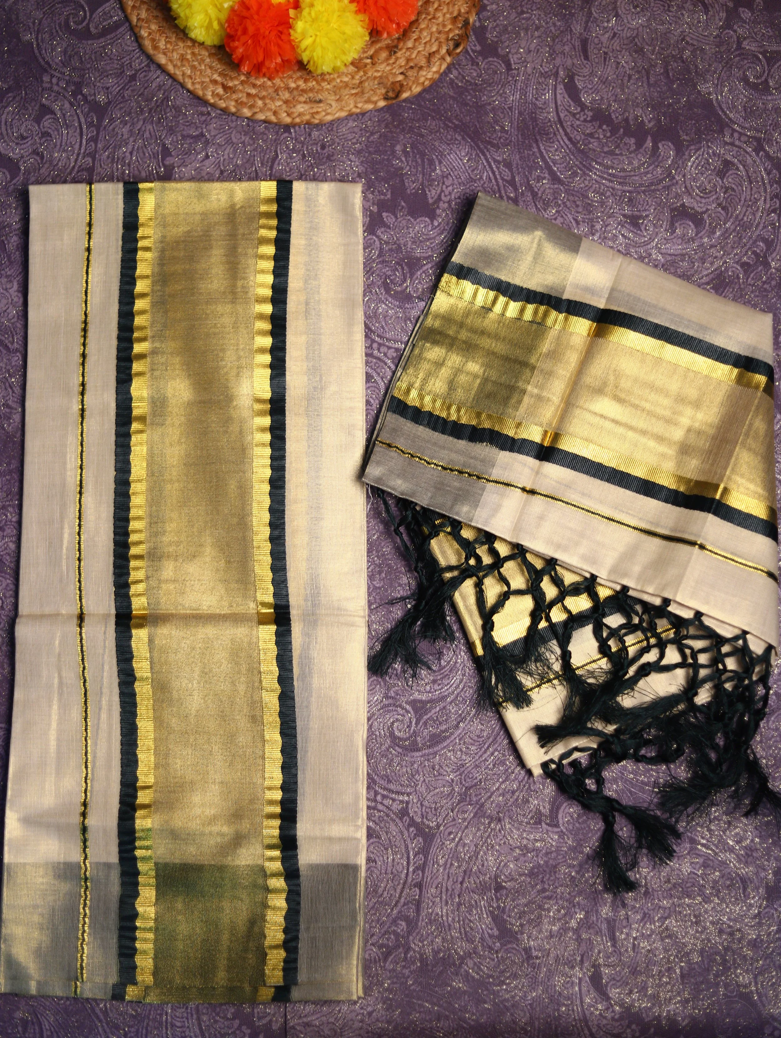 Luxurious Cotton Tissue Set Mundu with Gold Accents