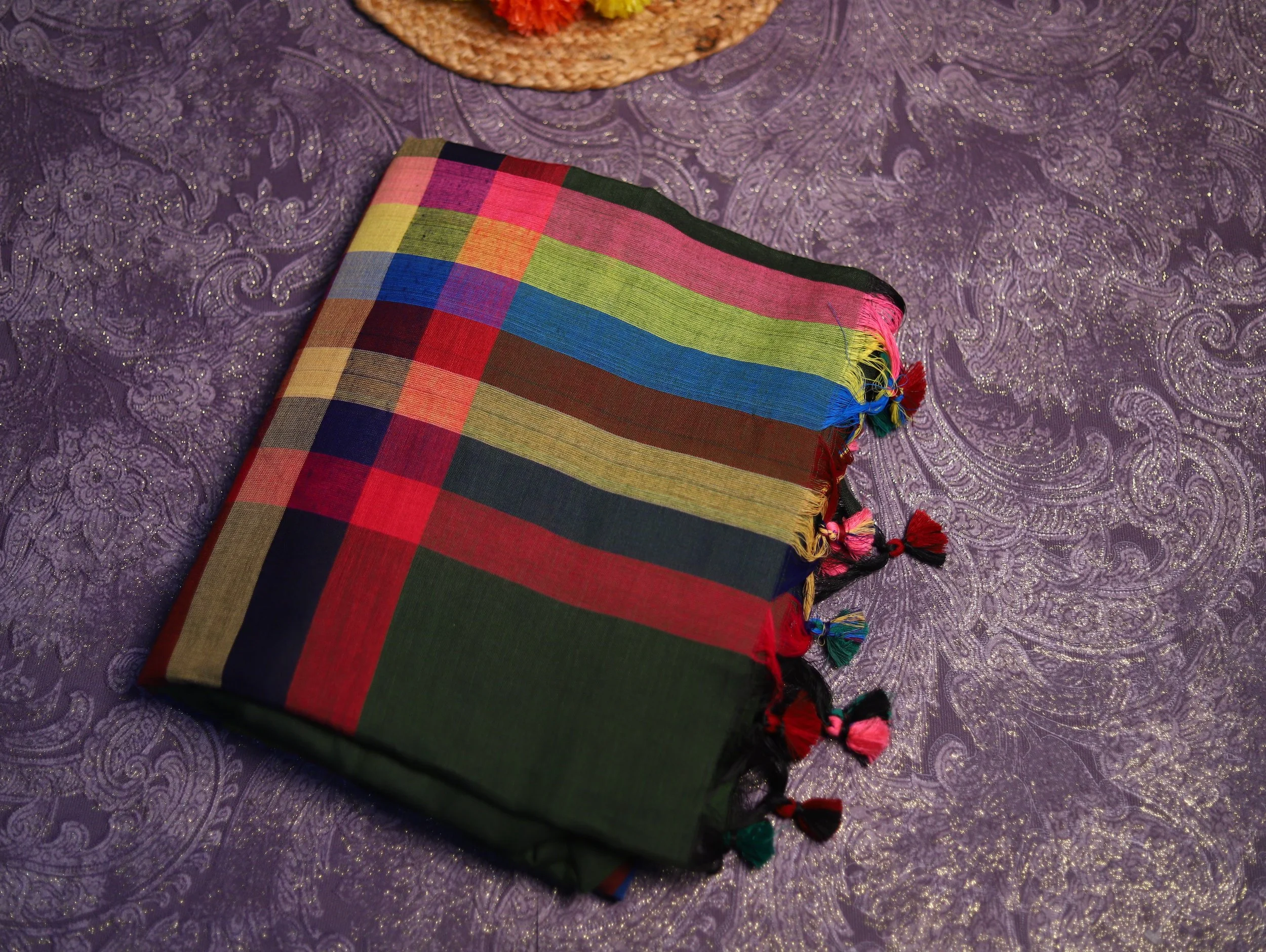 Elegant Multicolored Tassel Mul Cotton Saree