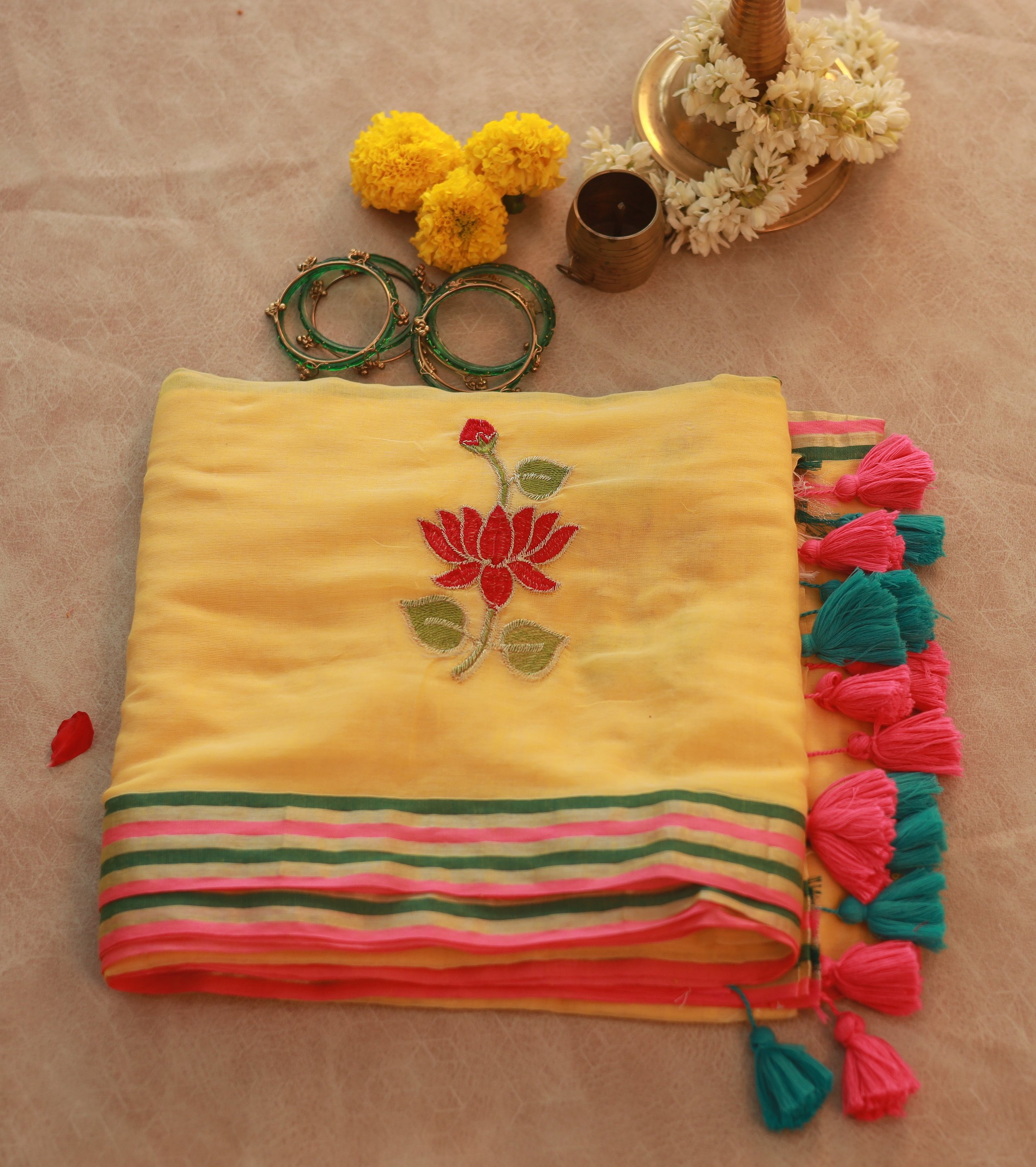 Vibrant Floral Embroidered Mul Cotton Saree
