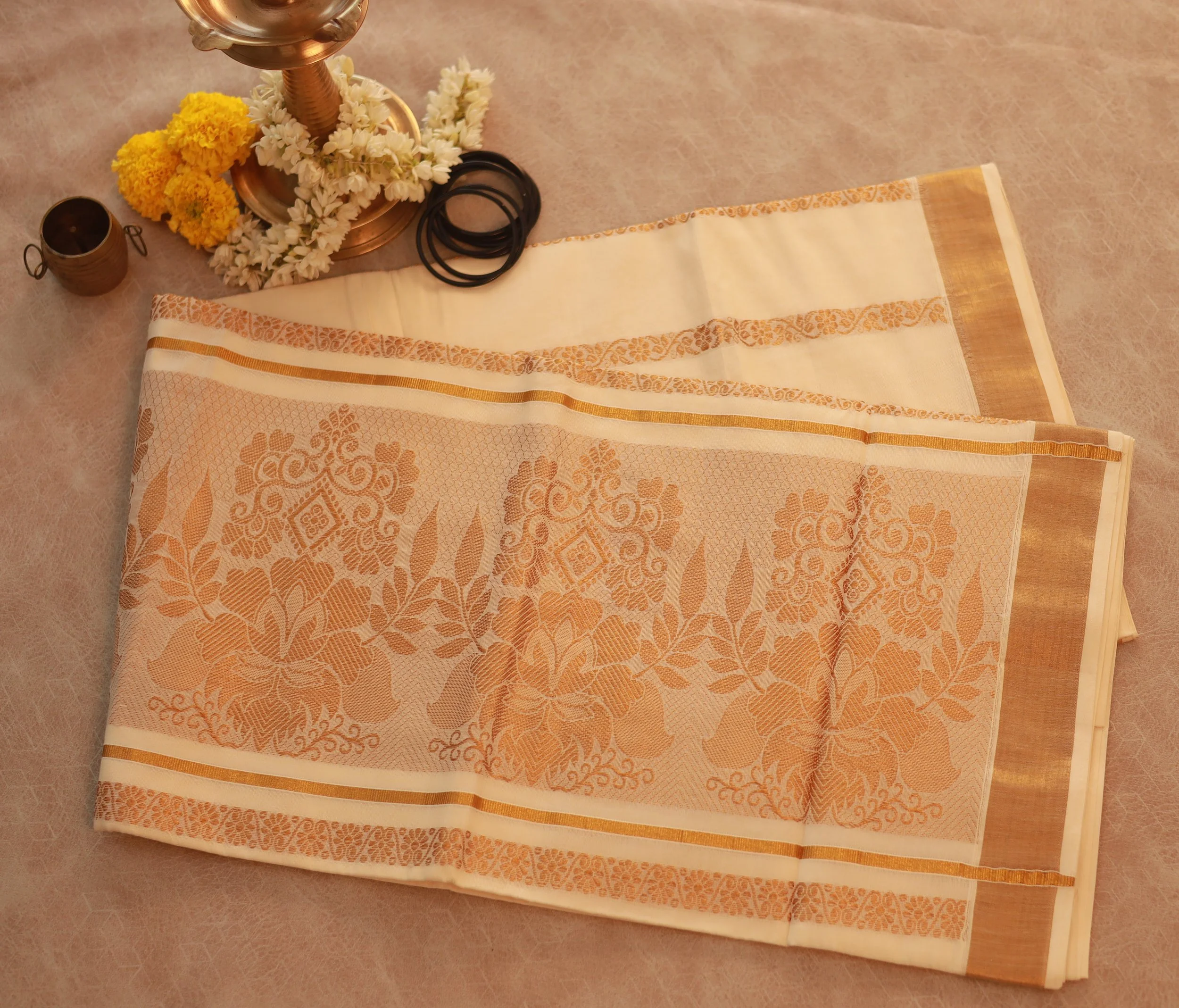 Elegant Cotton Tissue Saree with Golden Motifs