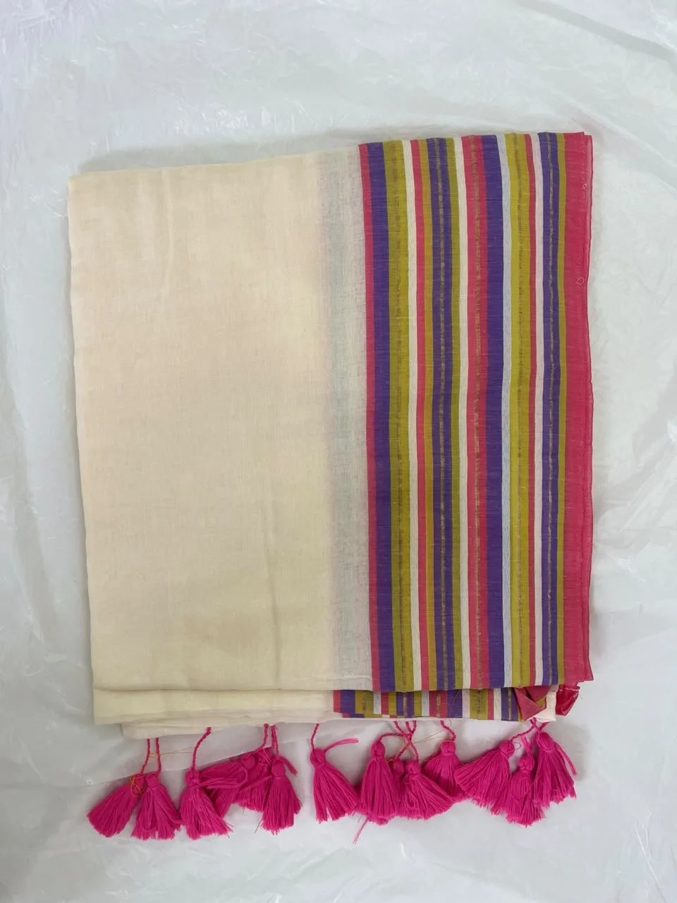 Vibrant Striped Mul Cotton saree with Tassel