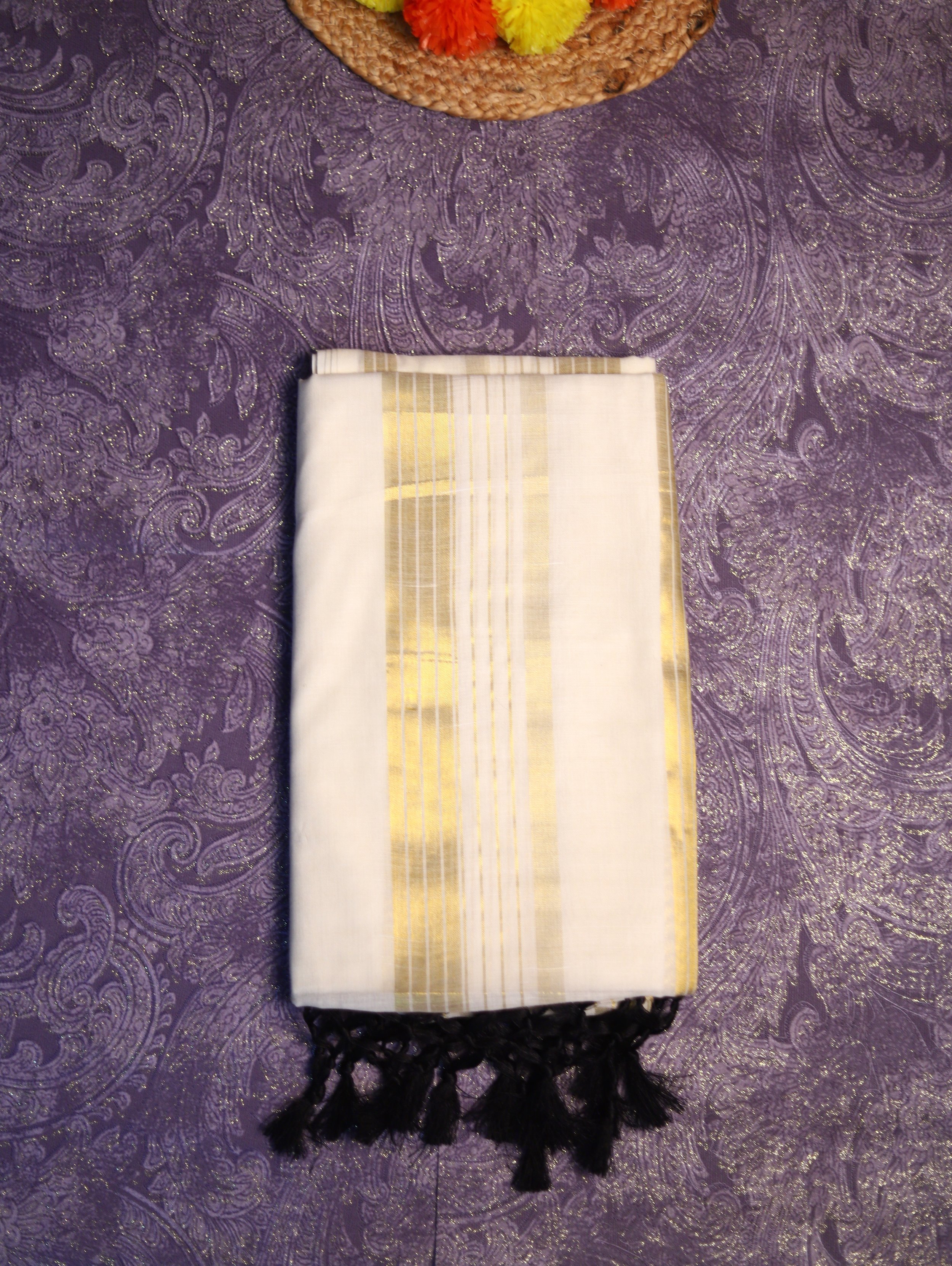 Elegant Mul Cotton Saree with Golden stripes and Black Tassels