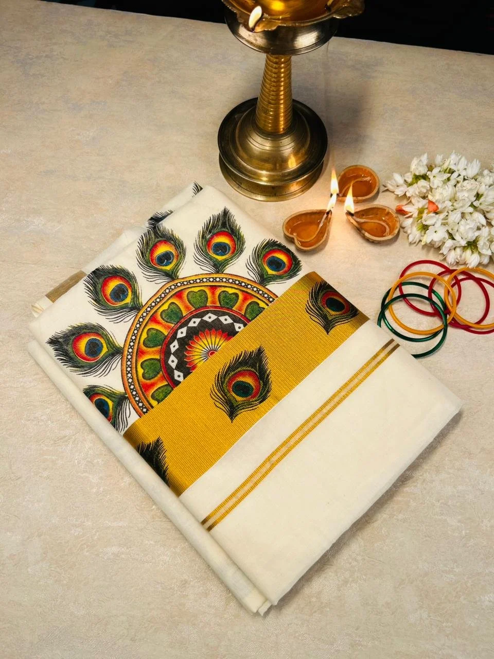 Elegant Cotton Tissue Kasavu Saree with Peacock Motifs
