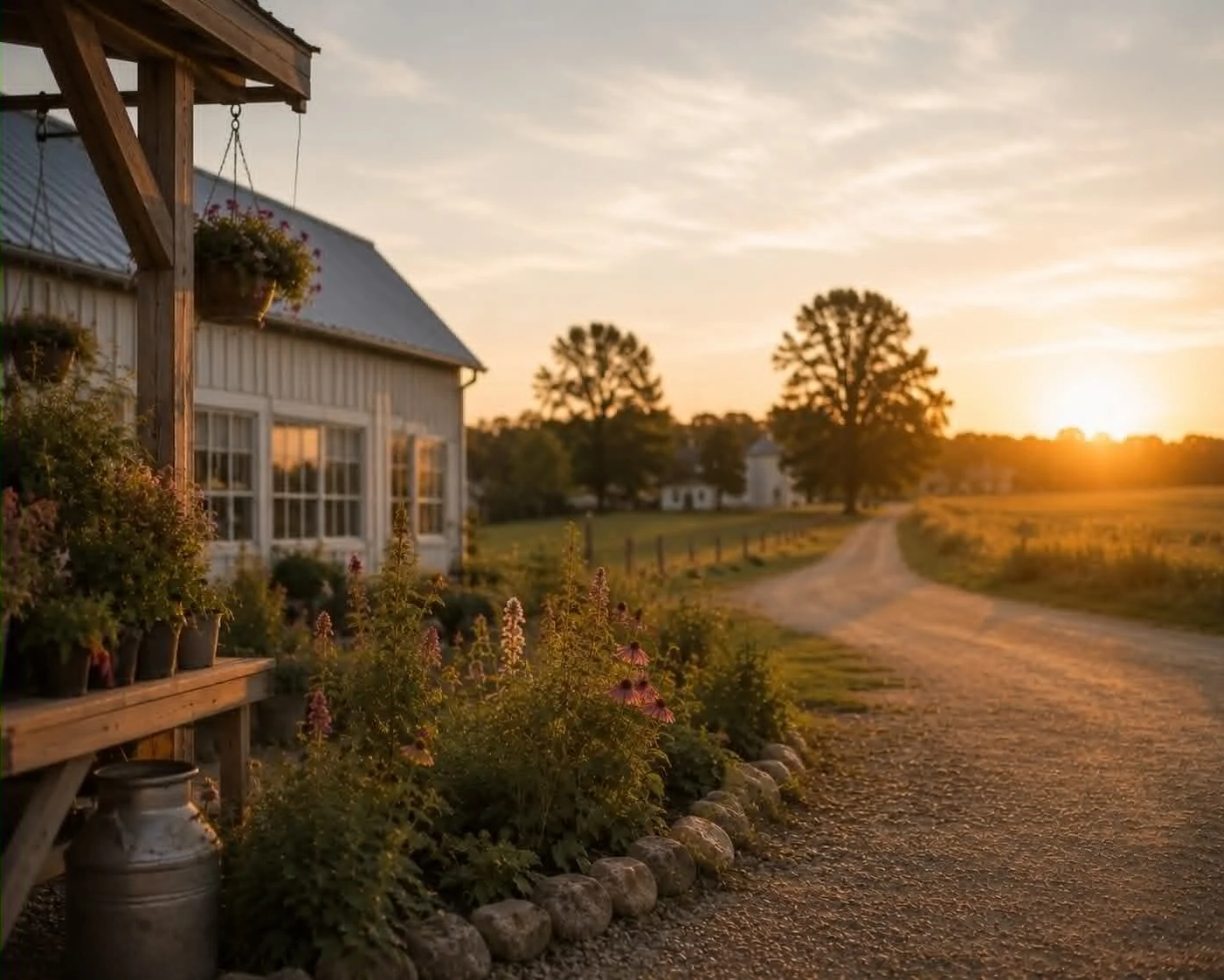 A rural farm scene at sunset with a white house, a dirt driveway, and trees in the background.