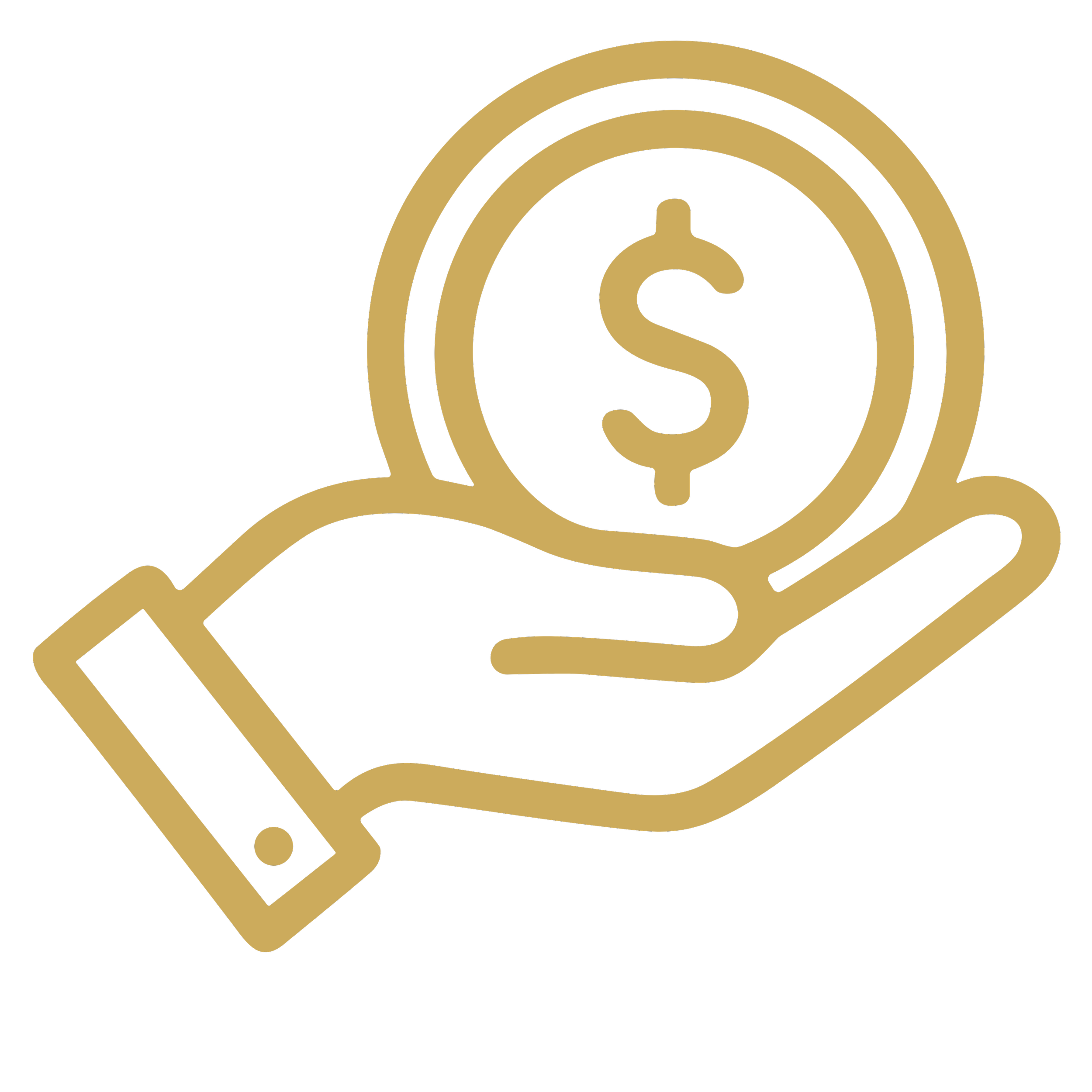 Gold coin with dollar symbol being held in hand, on black background.