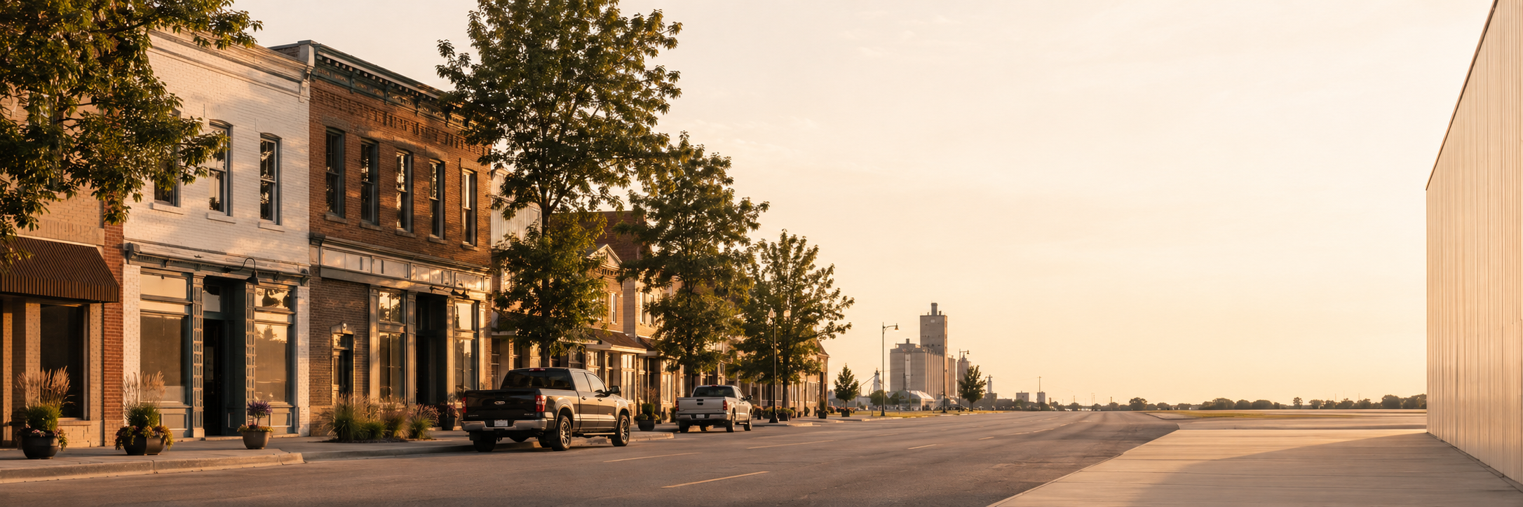 Street view with parked cars, brick buildings, trees, and a distant city skyline during sunset.