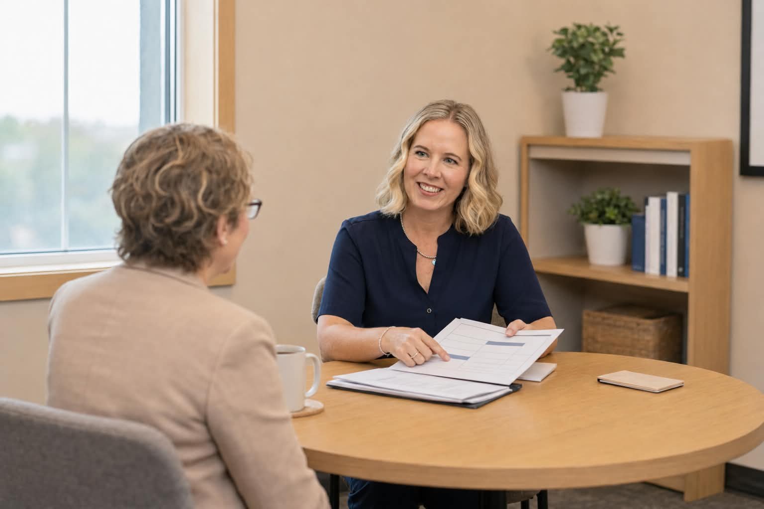 Two women having a discussion at a round table in an office, one woman is holding a report and smiling, the other woman has her back to the camera.
