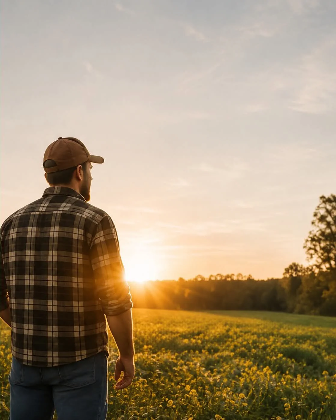 A man in a plaid shirt and baseball cap standing in a field of yellow flowers during sunset.