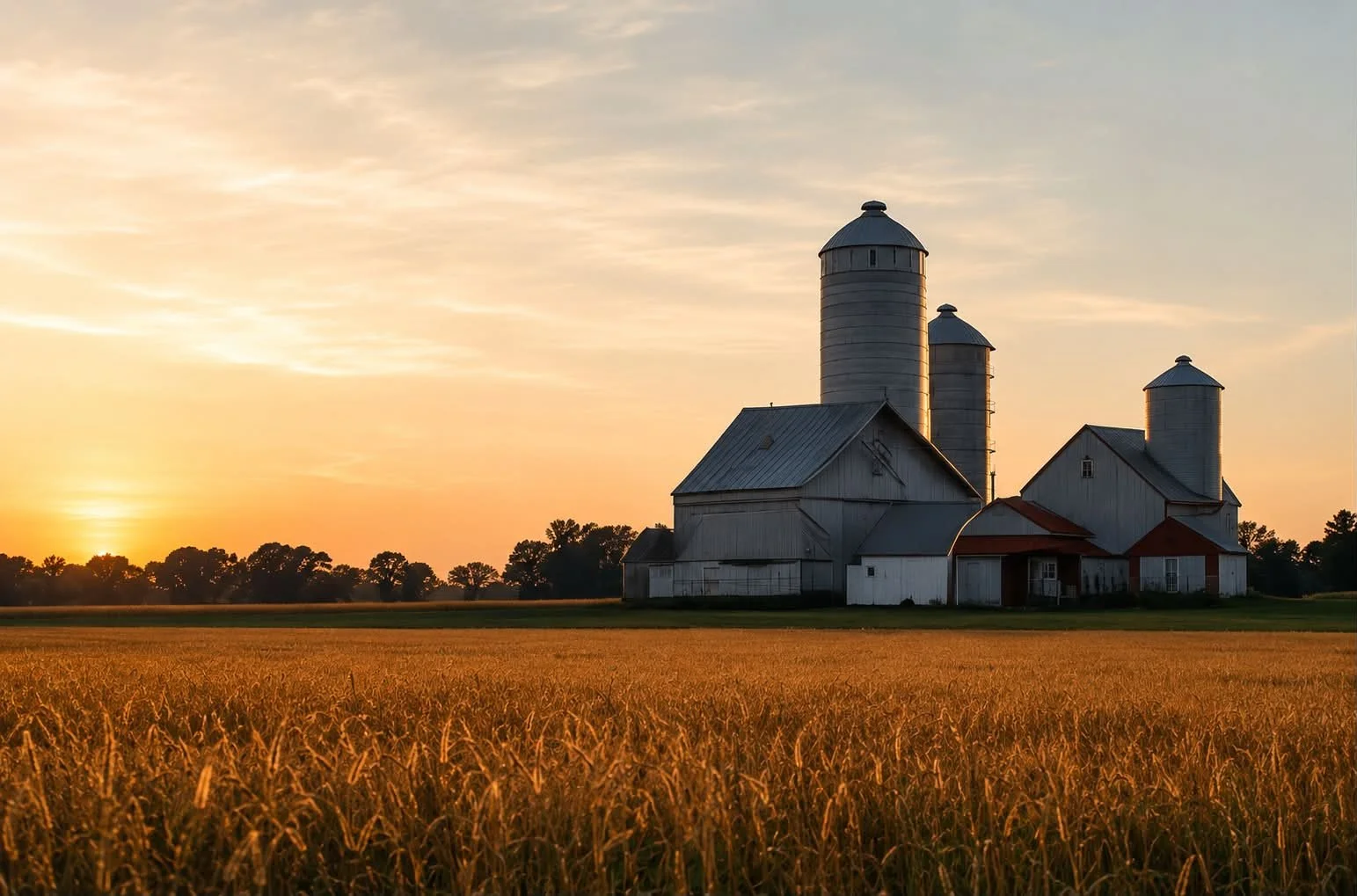 A rural farm landscape at sunset with a barn and silos standing in a field of tall wheat.