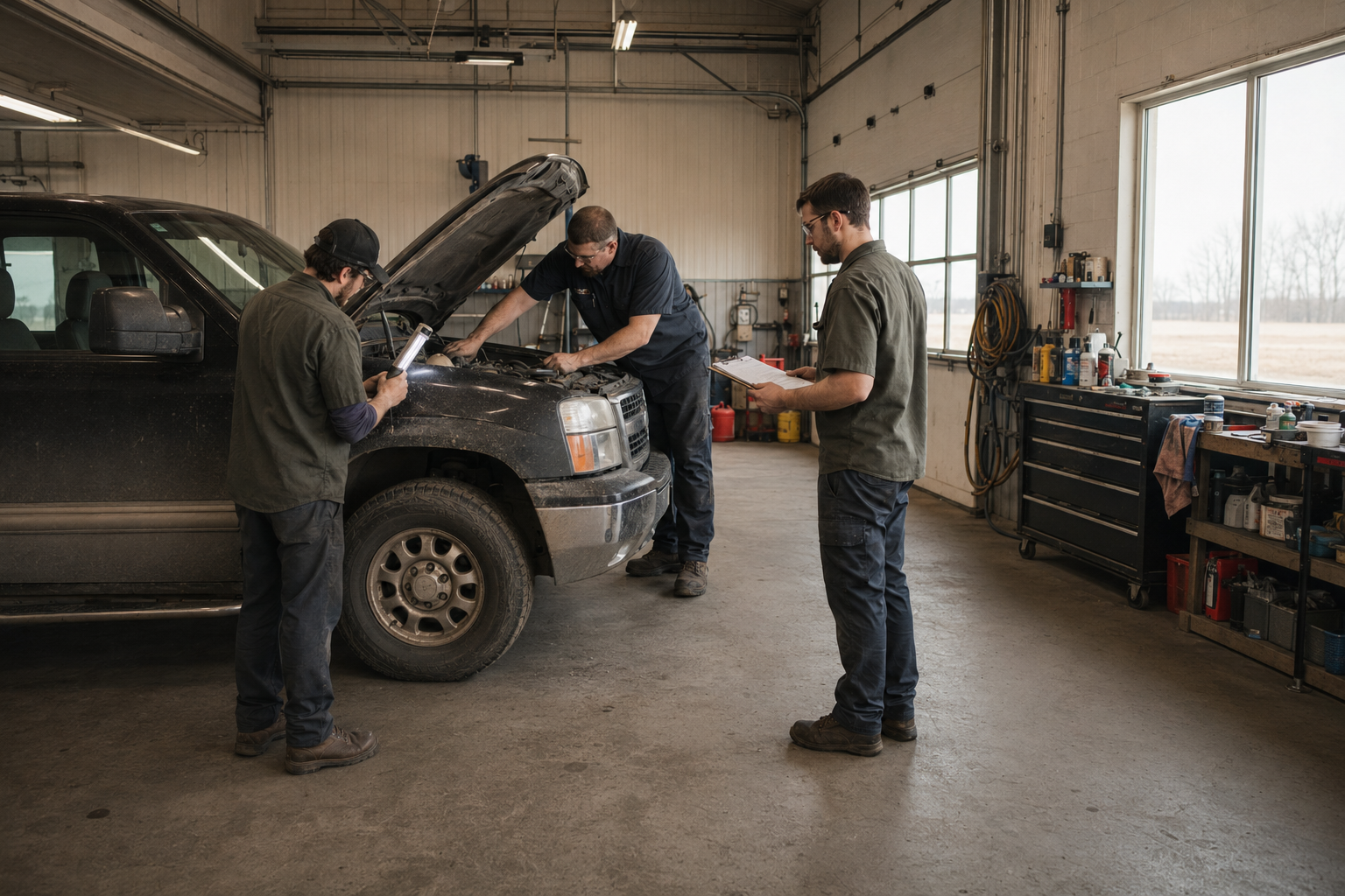 Three mechanics working on a black pickup truck inside a garage. One mechanic is holding a clipboard, another is taking notes, and the third is inspecting the engine with the hood open.