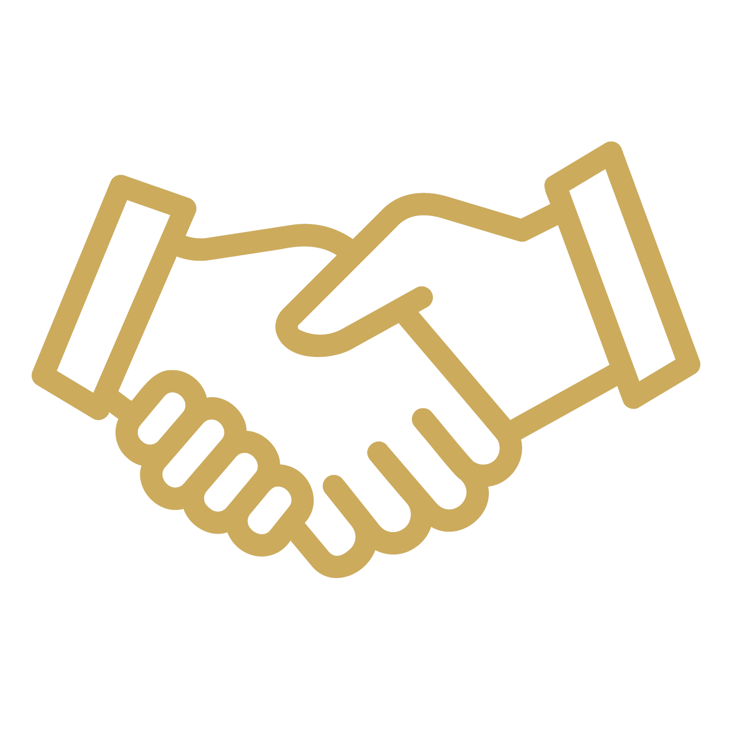 Outline of multiple hands shaking, depicted with gold lines on a black background.
