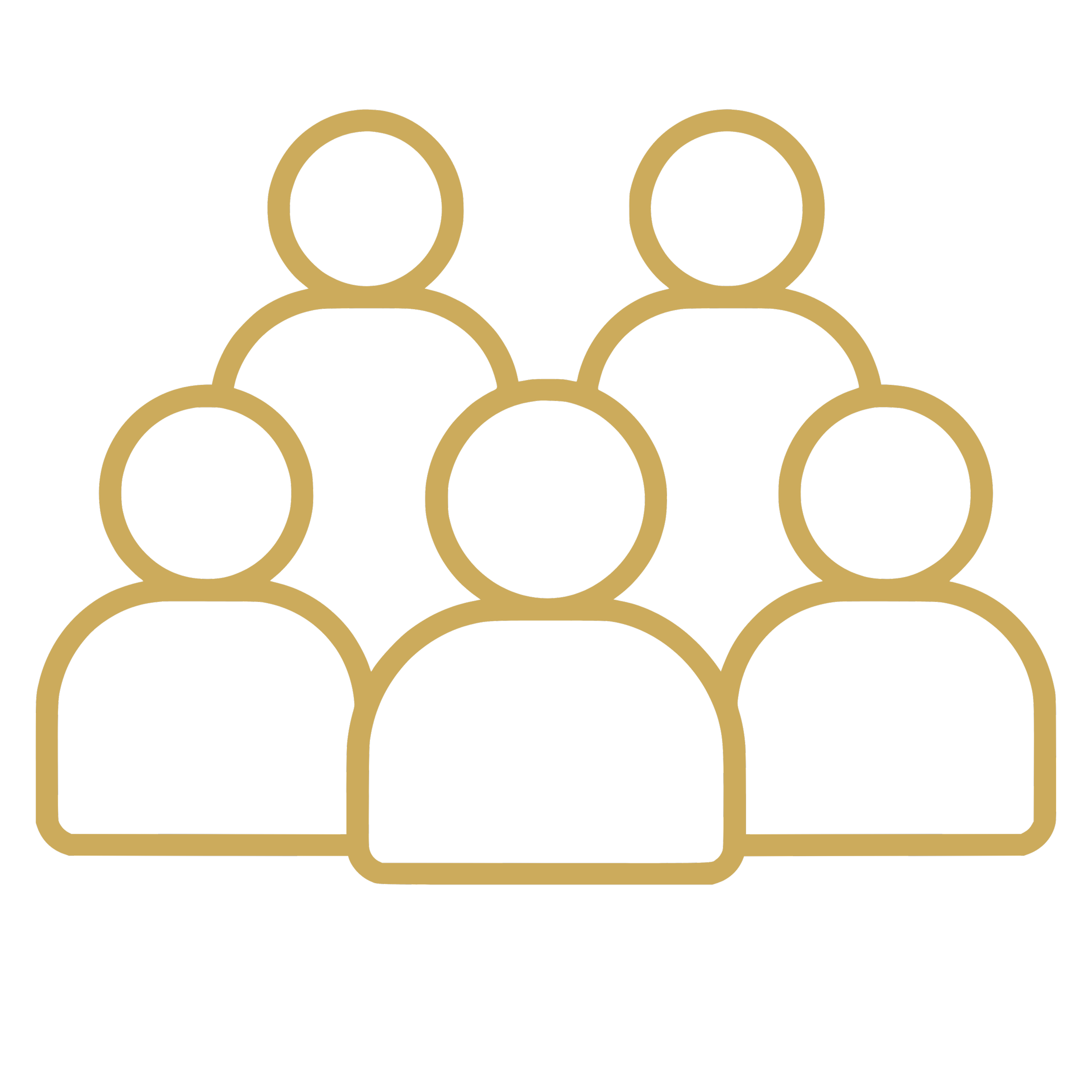 Outline of multiple human figures in gold against black background.