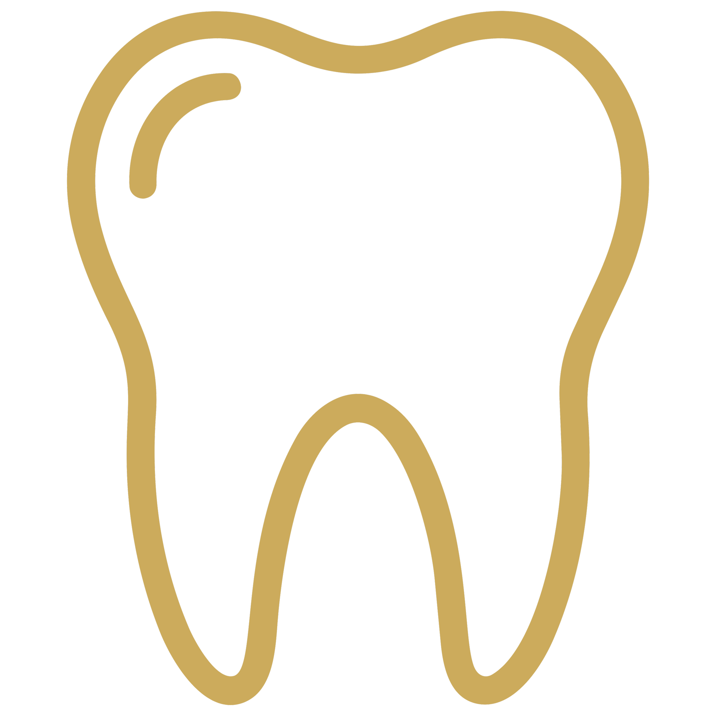 A stylized line drawing of a tooth in gold outline on a black background.