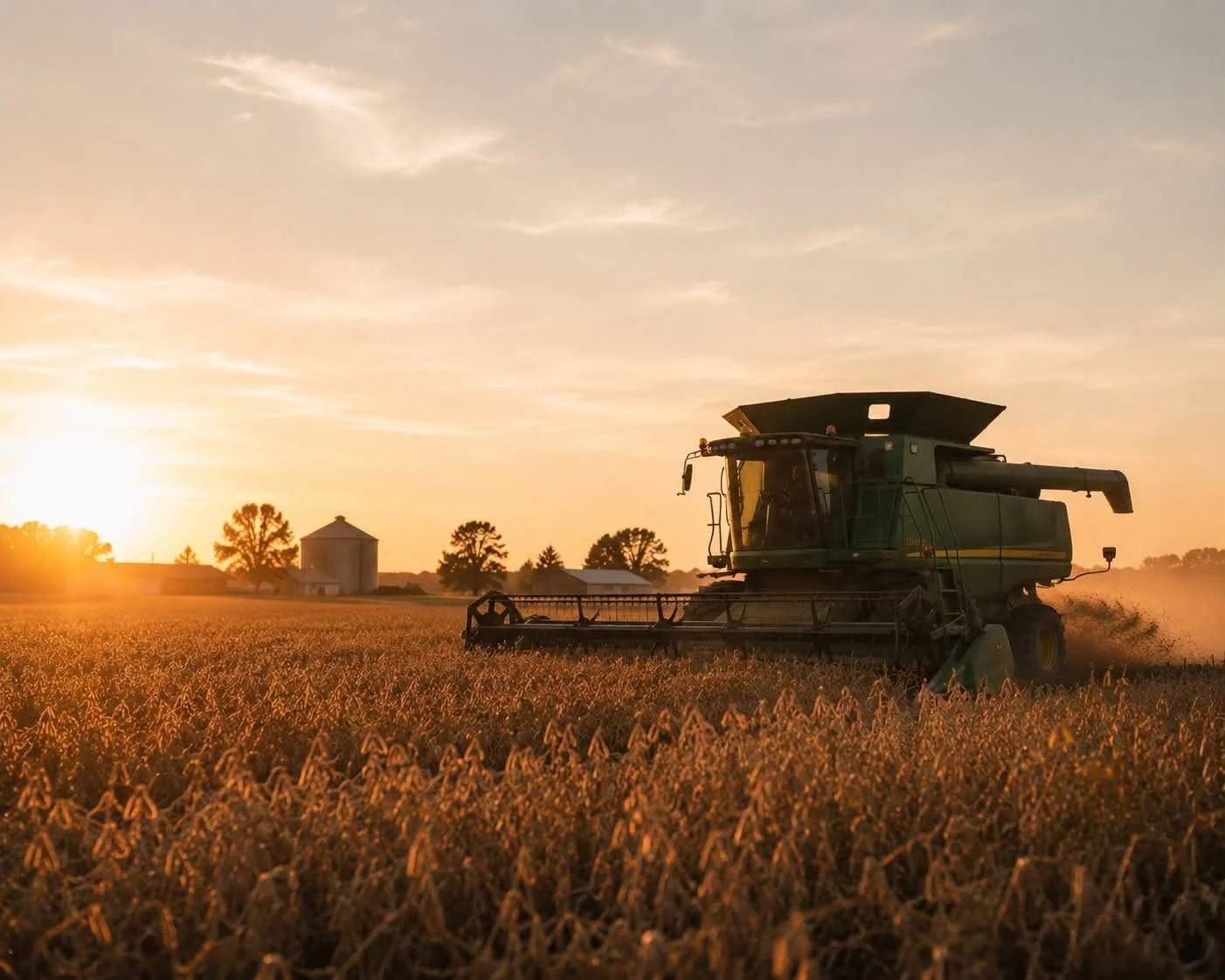 A green combine harvester working in a wheat field during sunset with a rural farm in the background.