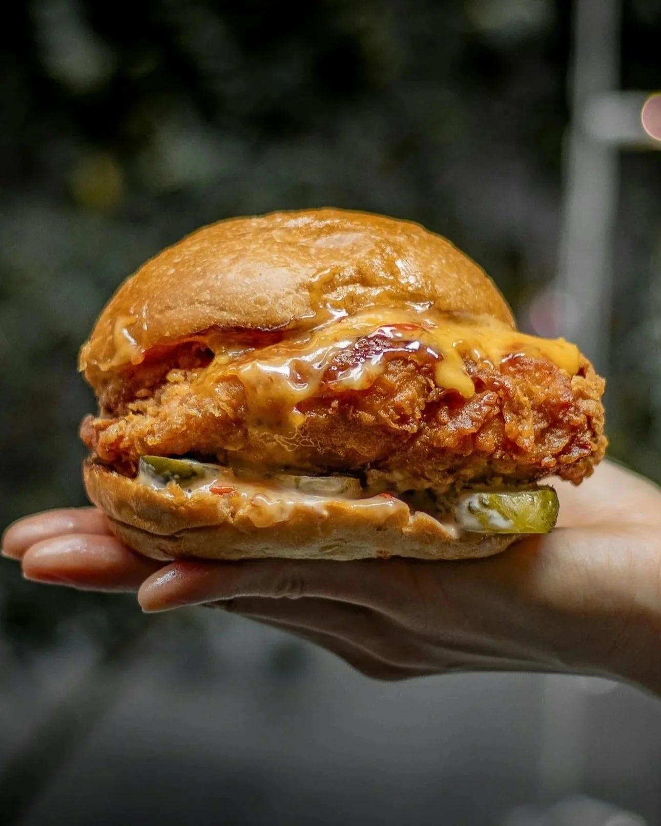 A savory fried chicken sandwich with melted cheese, pickles, and sauce, held in a person's hand against a blurred outdoor background.