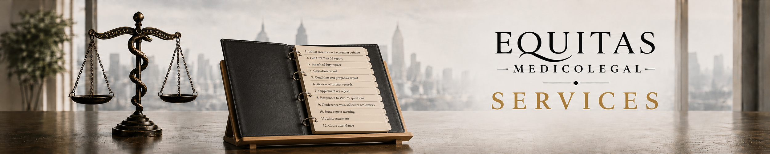 A book presenter with a legal services company logo in the background, on a wooden table with a city skyline view.