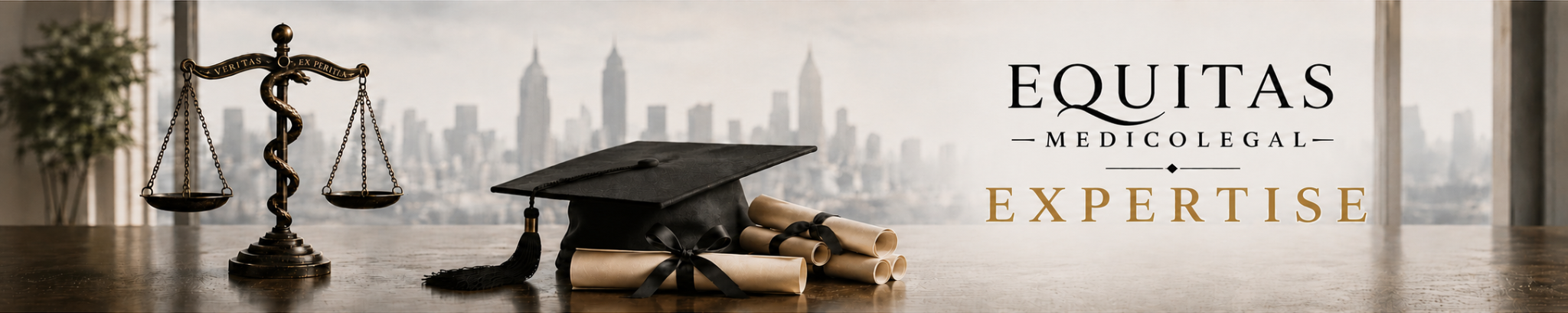 Scroll of diplomas, a graduation cap, and a set of scales of justice on a wooden table with a city skyline in the background, and the words 'EQUITAS MEDICOLEGAL EXPERTISE' written on the right.