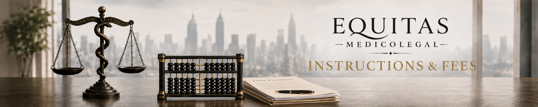 Law-themed image featuring scales of justice, an abacus, and a stack of legal documents with a pen, with a city skyline in the background.