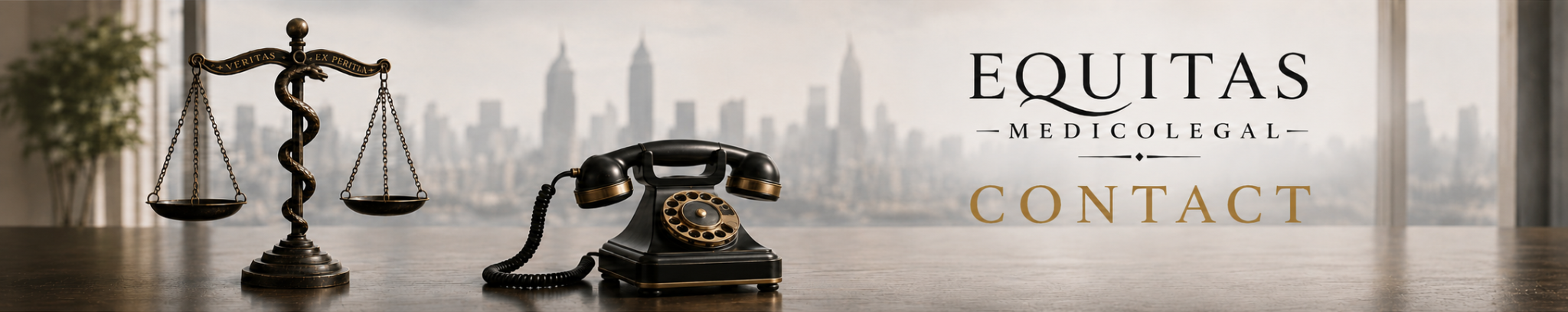 A vintage black rotary phone and a brass balance scale on a wooden surface, with a city skyline in the background, and text reading "EQUITAS MEDICOLEGAL CONTACT."