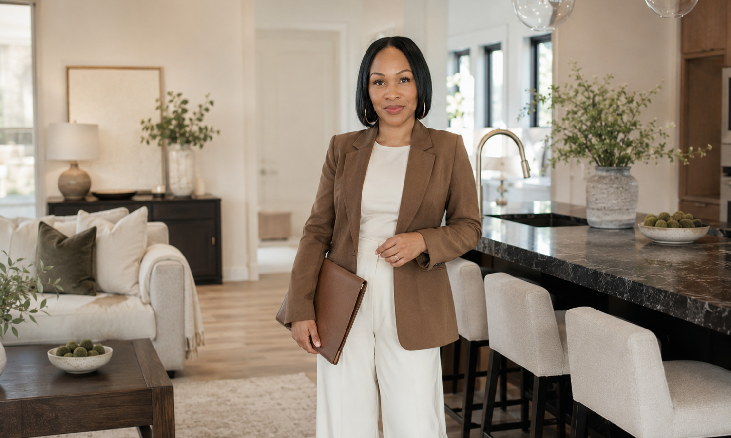 A woman standing in a modern, well-lit kitchen and living room, holding a brown folder, wearing a brown blazer and white pants.