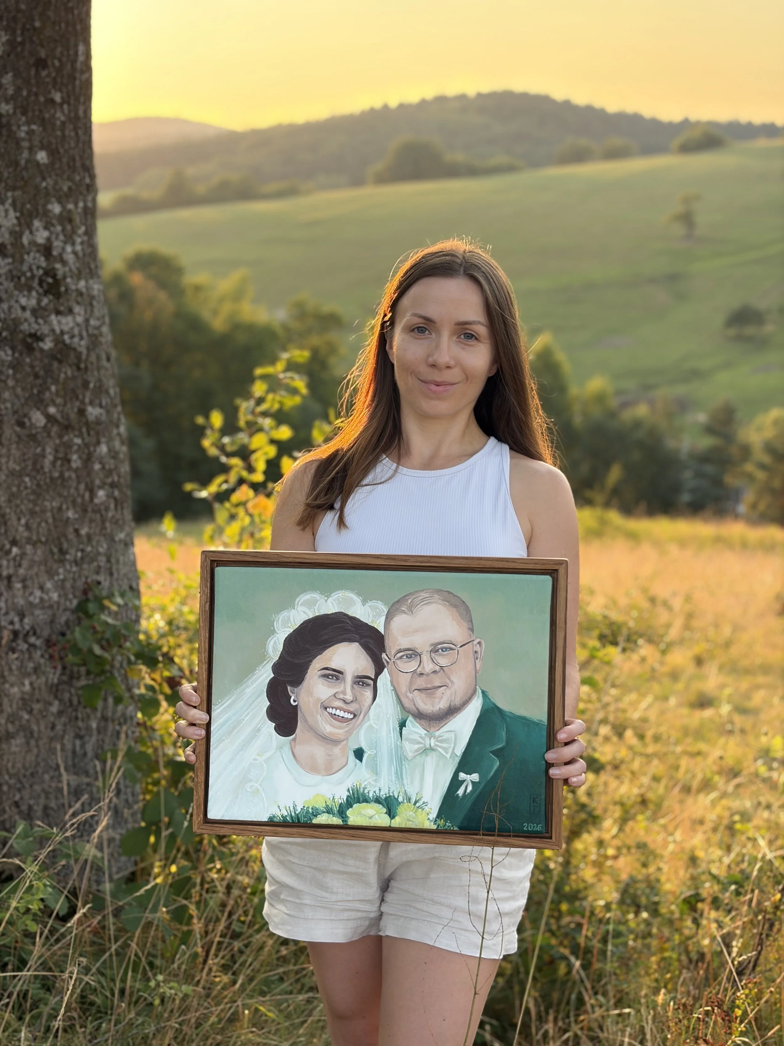 Monidło Ślubne - stylizowany portret pary w nostalgicznej estetyce dawnych monideł