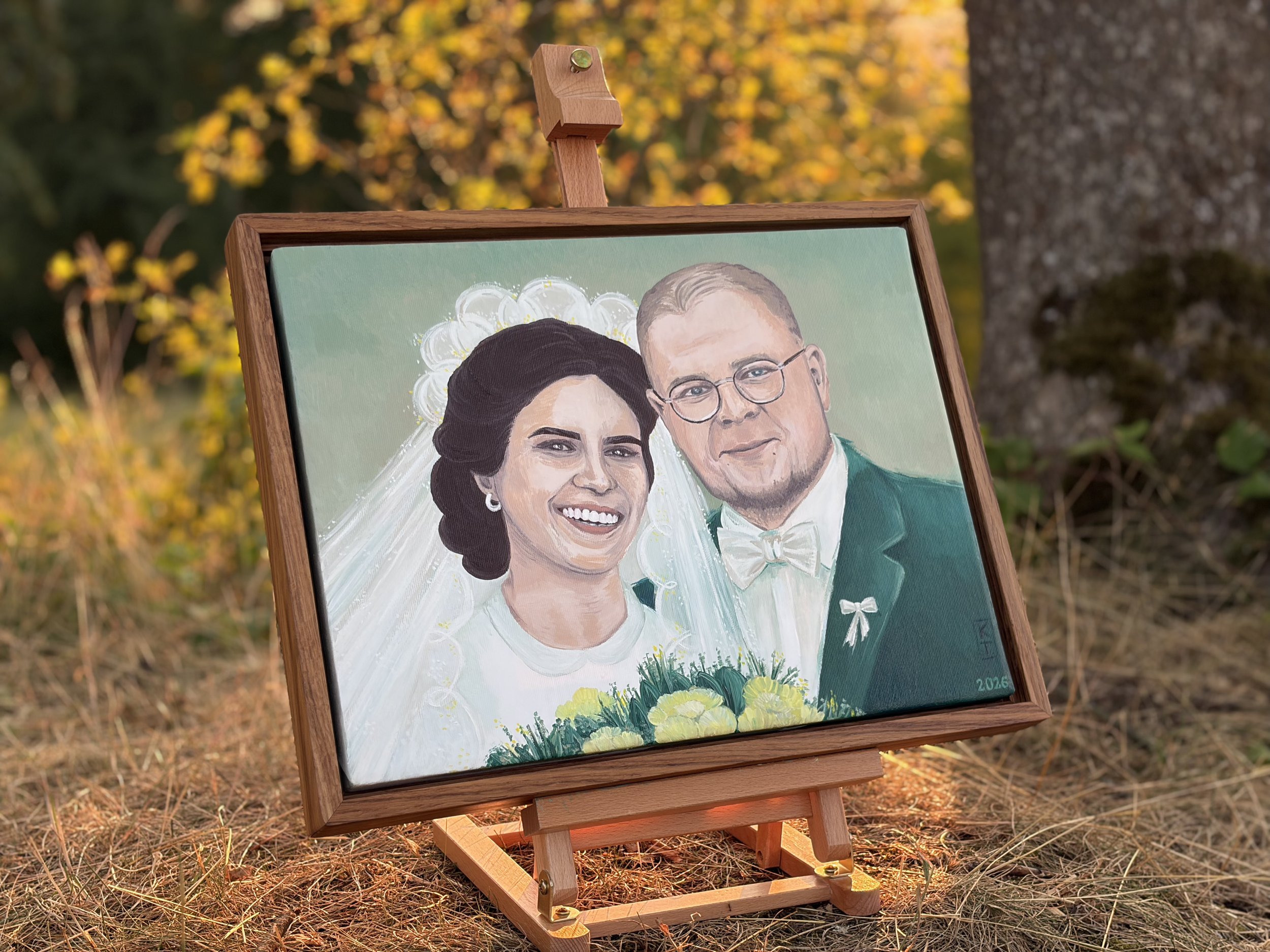 Monidło Ślubne - ręcznie malowany obraz ślubny w stylu monidła z przygaszonymi, nostalgicznymi kolorami.