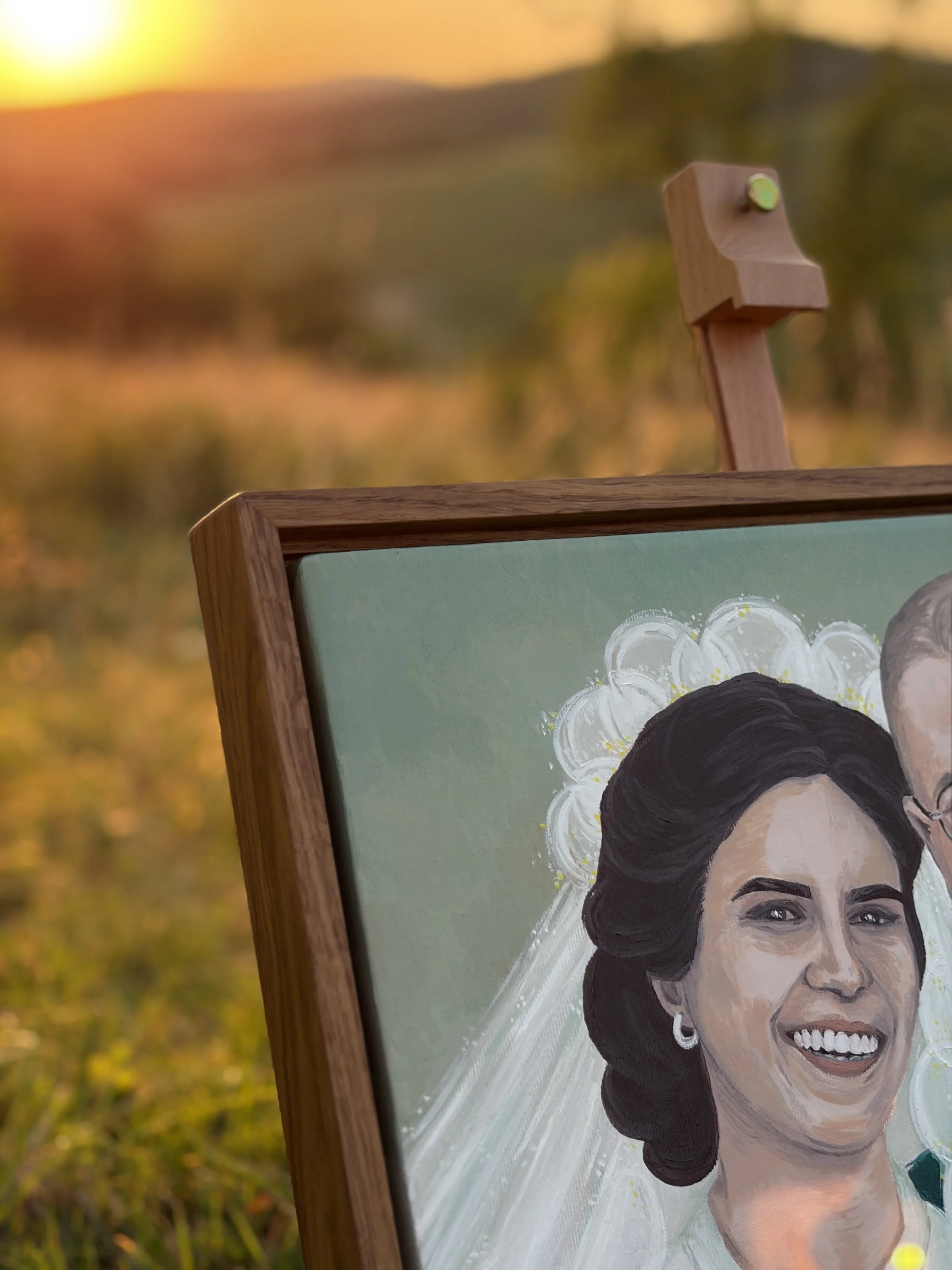 Monidło Ślubne w drewnianej ramie - ręcznie malowany portret inspirowany fotografią.