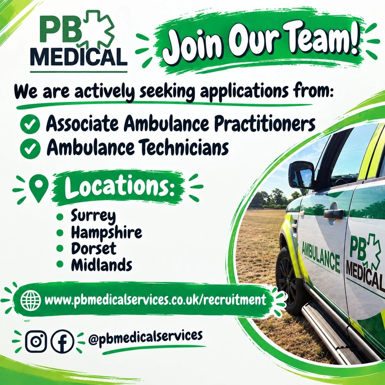 Come join our team - apply now at www.pbmedicalservices.co.uk/recruitment
Uniform Included ✅
Great Rates of Pay ✅

#ambulancerecruitment #emt #ambulance #eventmedicine #eventmedical