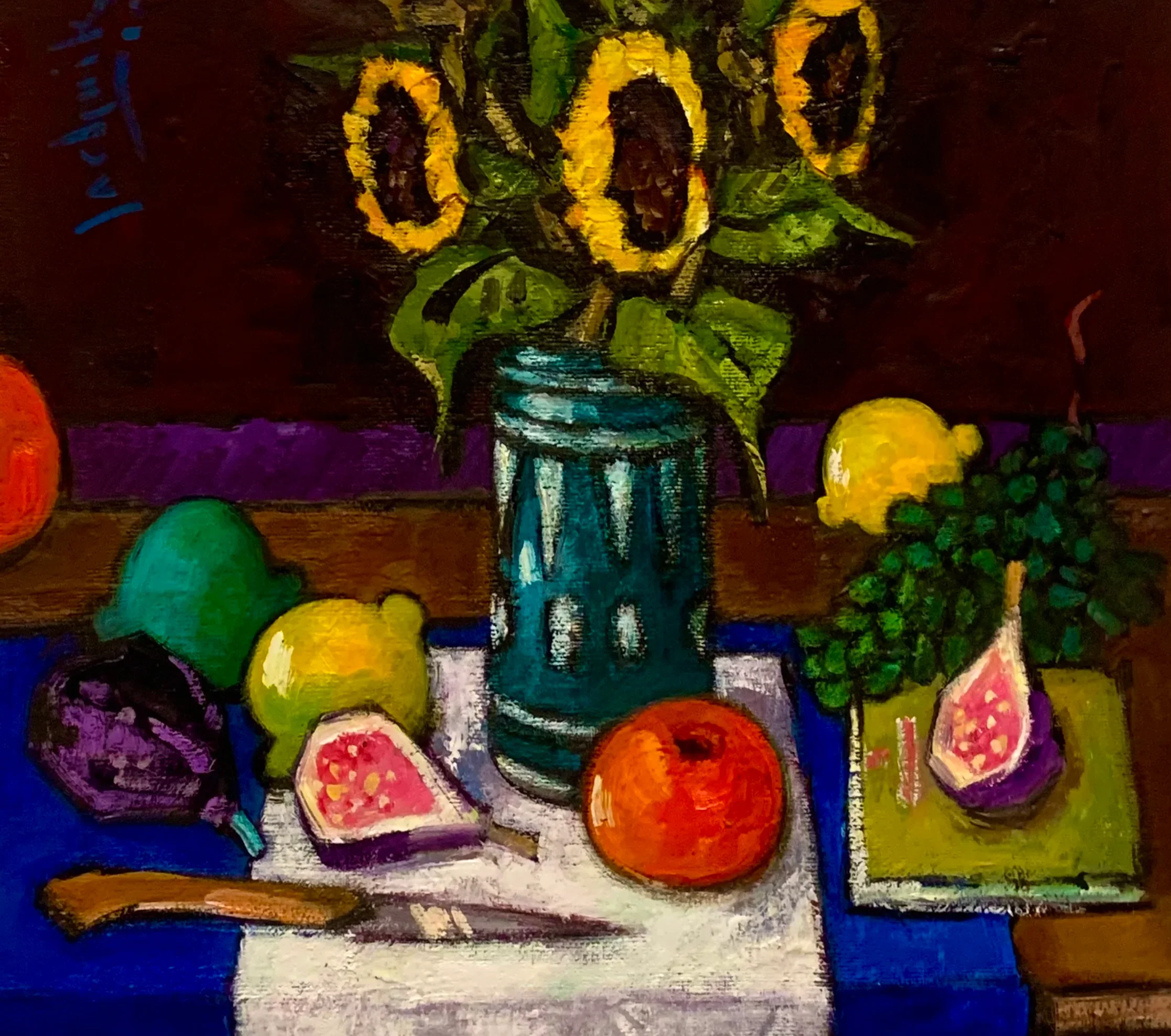 A colorful abstract painting of a bouquet of flowers in a vase, with yellow, red, purple, green, and blue hues.