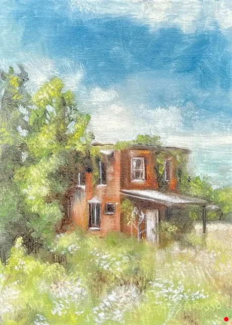 A painting of an old brick house surrounded by greenery and trees under a partly cloudy sky.
