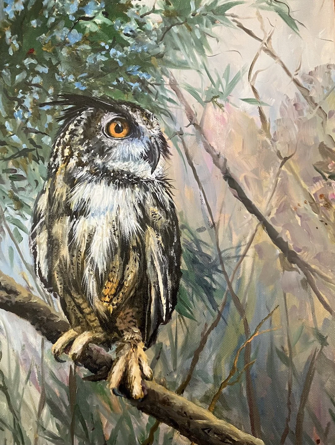 Painting of an owl perched on a branch surrounded by foliage.