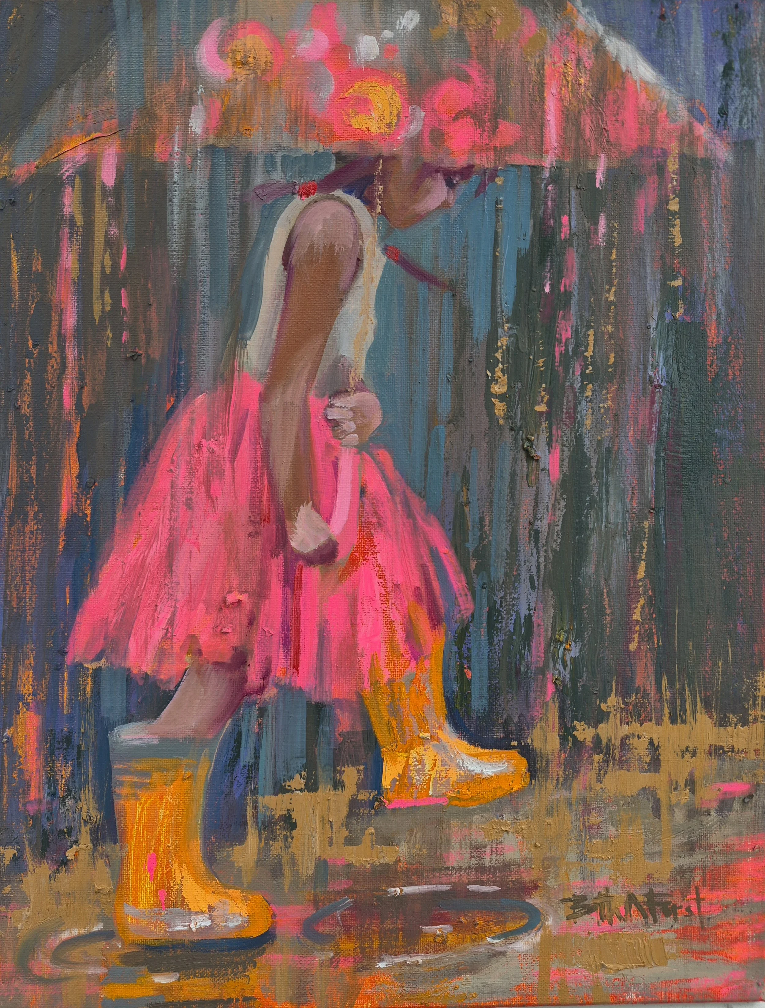 An abstract painting of a young girl with dark hair and glasses in a pink dress, holding a pink umbrella, standing next to a yellow boot with a pink sole, amid vibrant, textured brushstrokes.