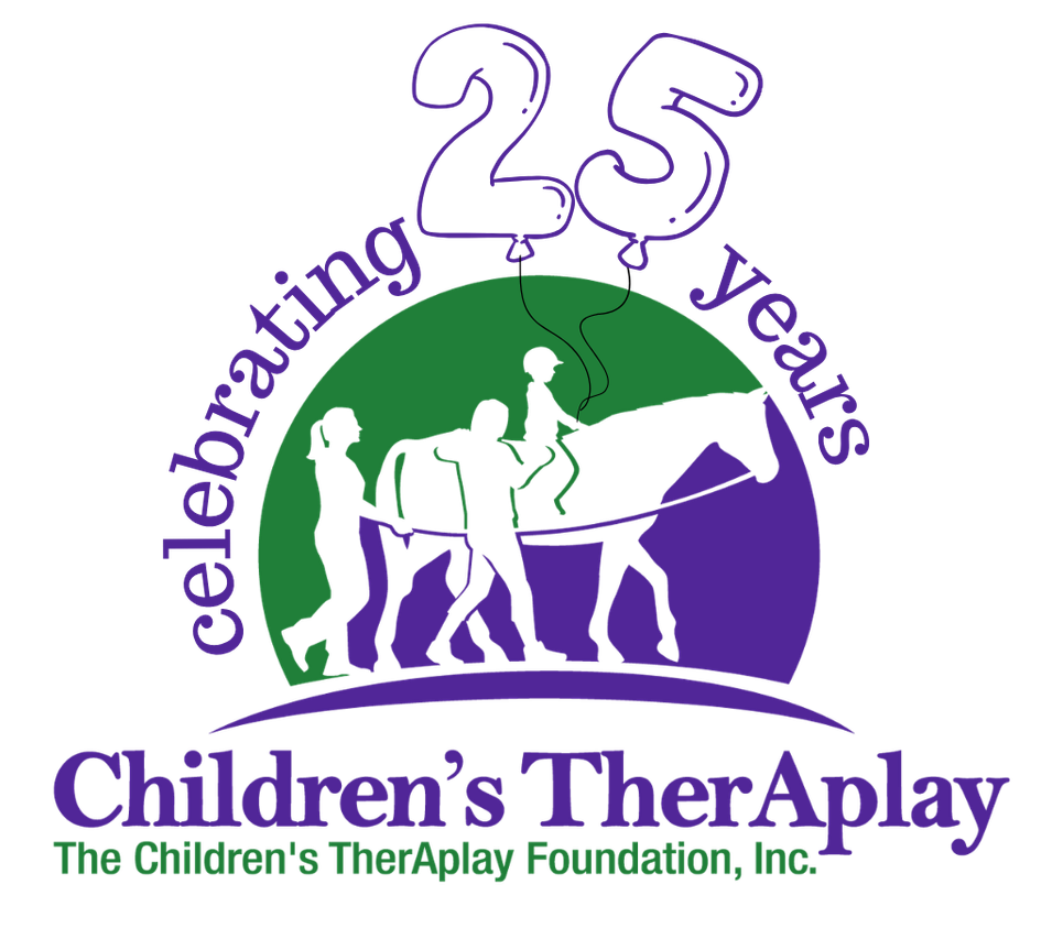 Logo celebrating 25 years of Children's TherAplay foundation, featuring children playing and horseback riding, with the text 'Celebrating 25 Years' and 'Children's TherAplay'.